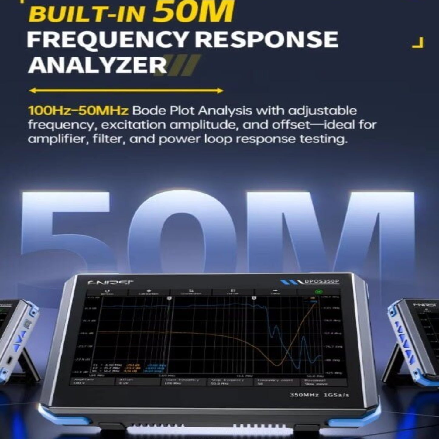 FNIRSI DPOS350P showcasing built-in 50MHz frequency response analyzer for Bode plot analysis.