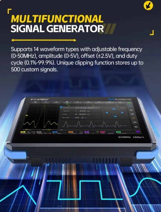 FNIRSI DPOS350P multifunctional signal generator features 14 waveform types and customizable settings.