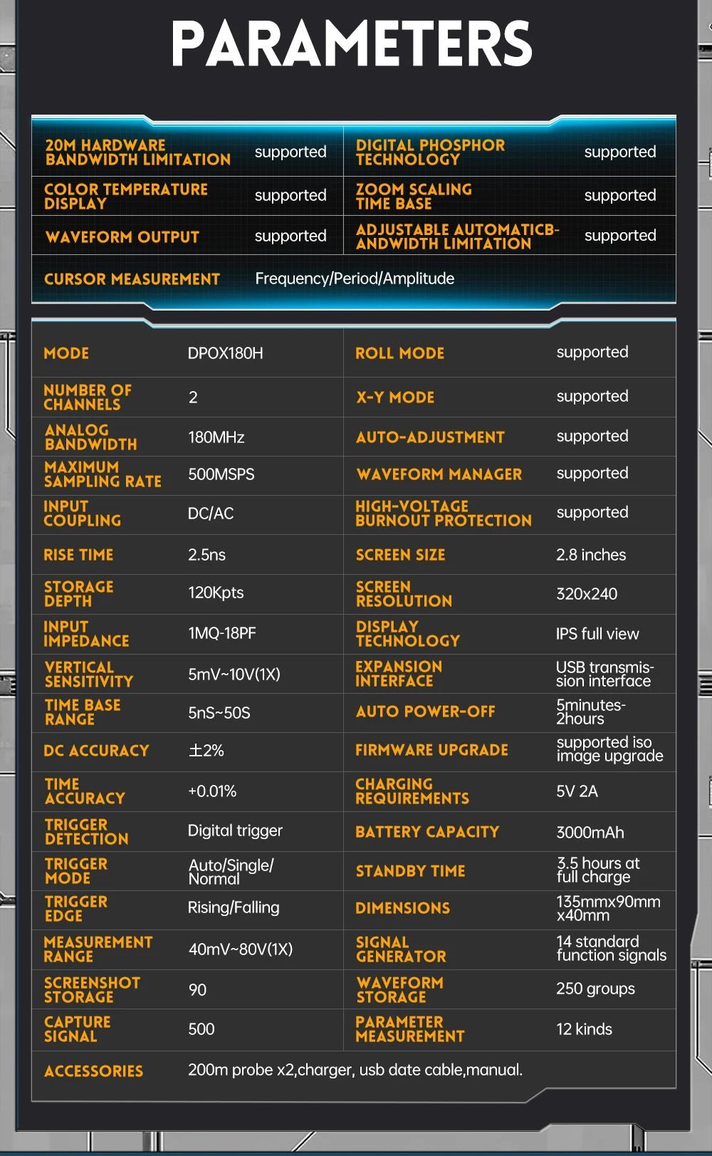 Parameters of FNIRSI DPOX180H Digital Oscilloscope & Signal Generator, including modes and specifications.