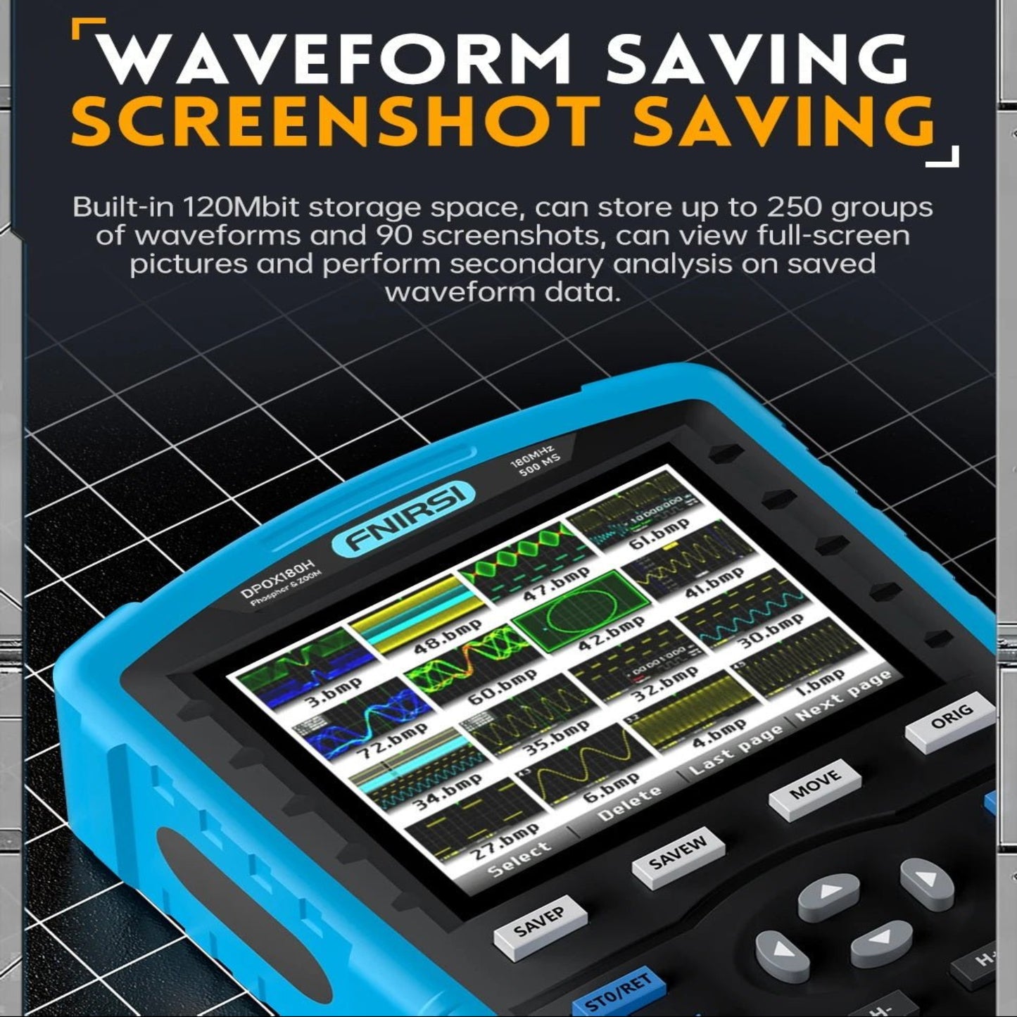 FNIRSI DPOX180H digital oscilloscope showcasing waveform and screenshot saving features with a clear display.