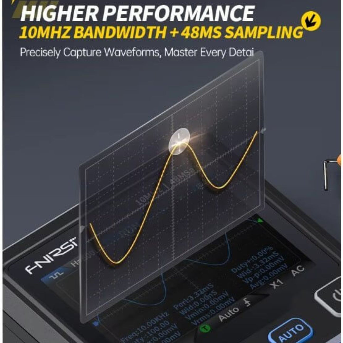 FNIRSI DSO-TC4 digital oscilloscope display showing 10MHz bandwidth and waveform sampling features.