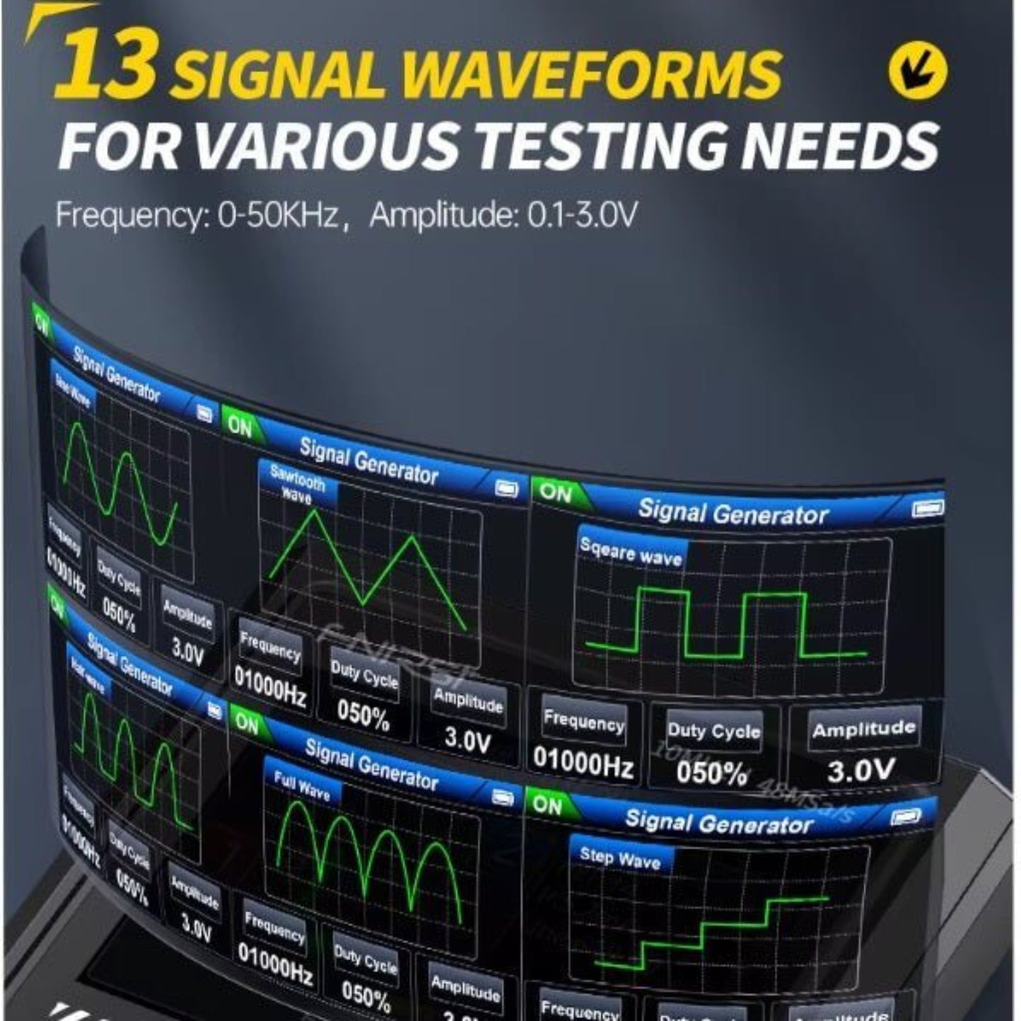 Digital oscilloscope display showing 13 signal waveforms for various testing needs with frequency and amplitude specifications.