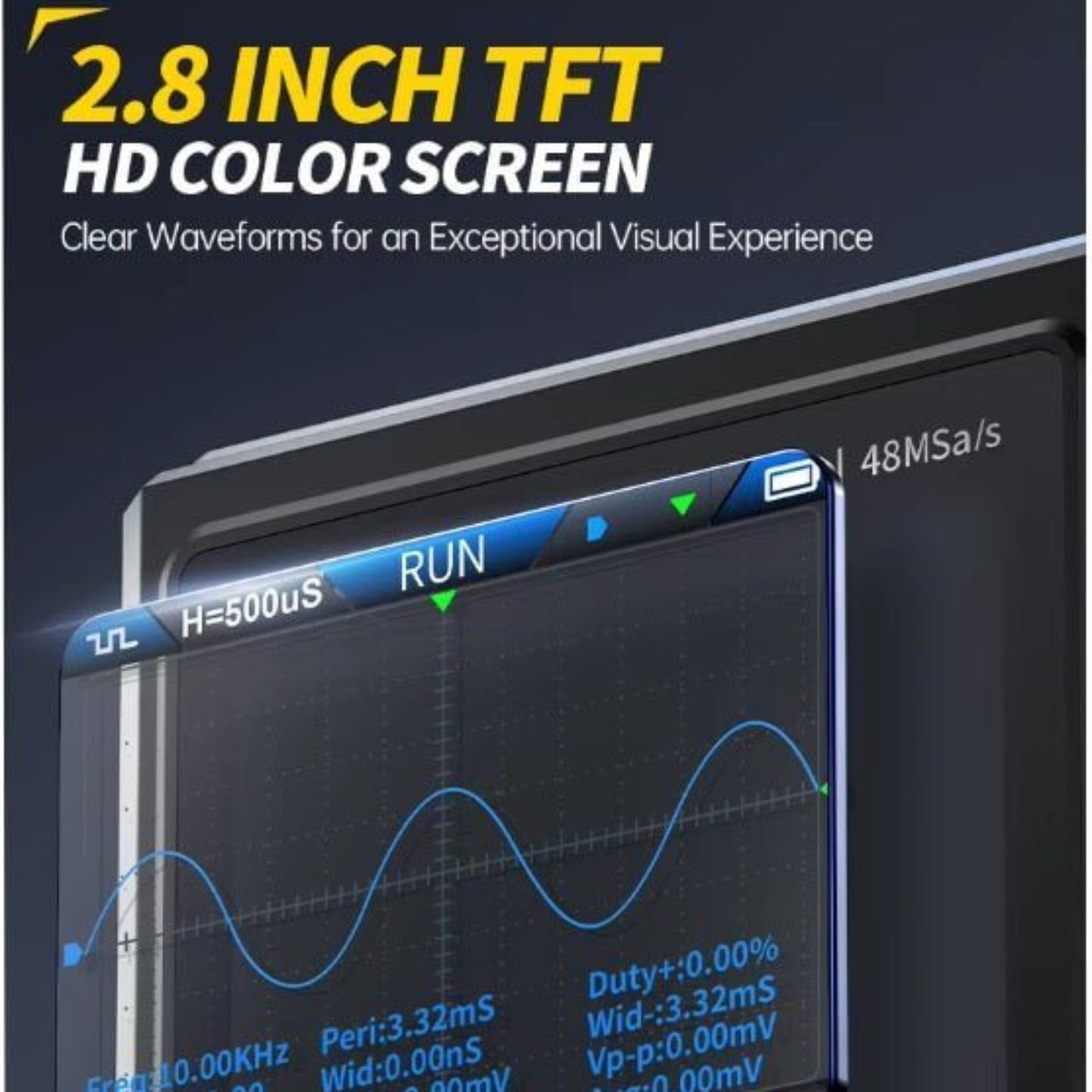 Close-up of FNIRSI DSO-TC4 digital oscilloscope's 2.8 inch TFT HD color screen displaying waveforms.