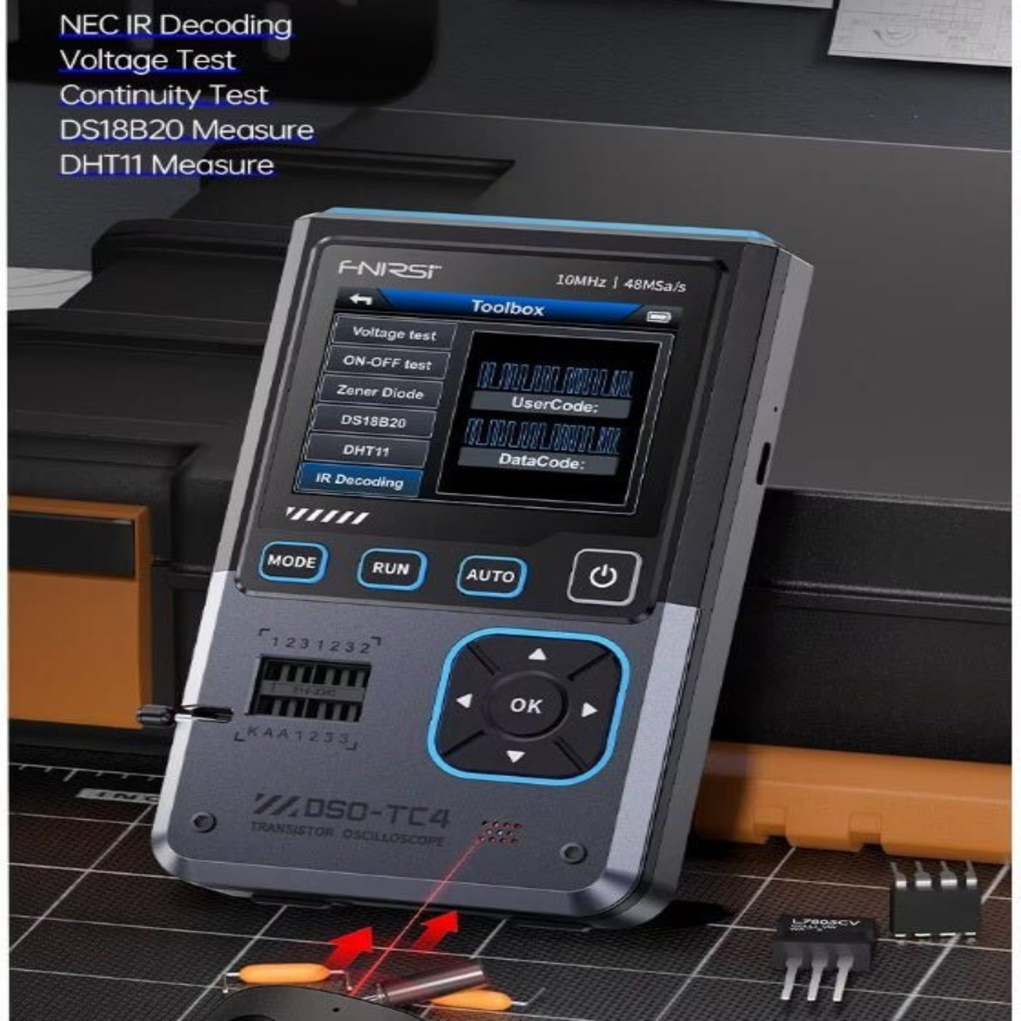 FNIRSI DSO-TC4 digital oscilloscope with multifunction display and testing features on a workbench.