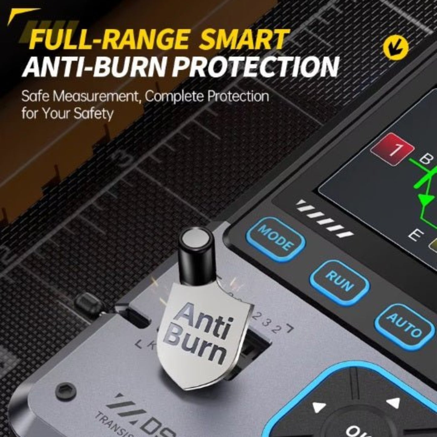 FNIRSI DSO-TC4 digital oscilloscope showing anti-burn protection feature for safe measurements and user safety.