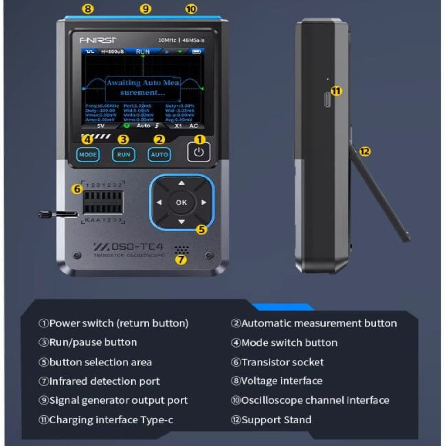 Overview of FNIRSI DSO-TC4 functions and interface buttons for effective electronic testing.
