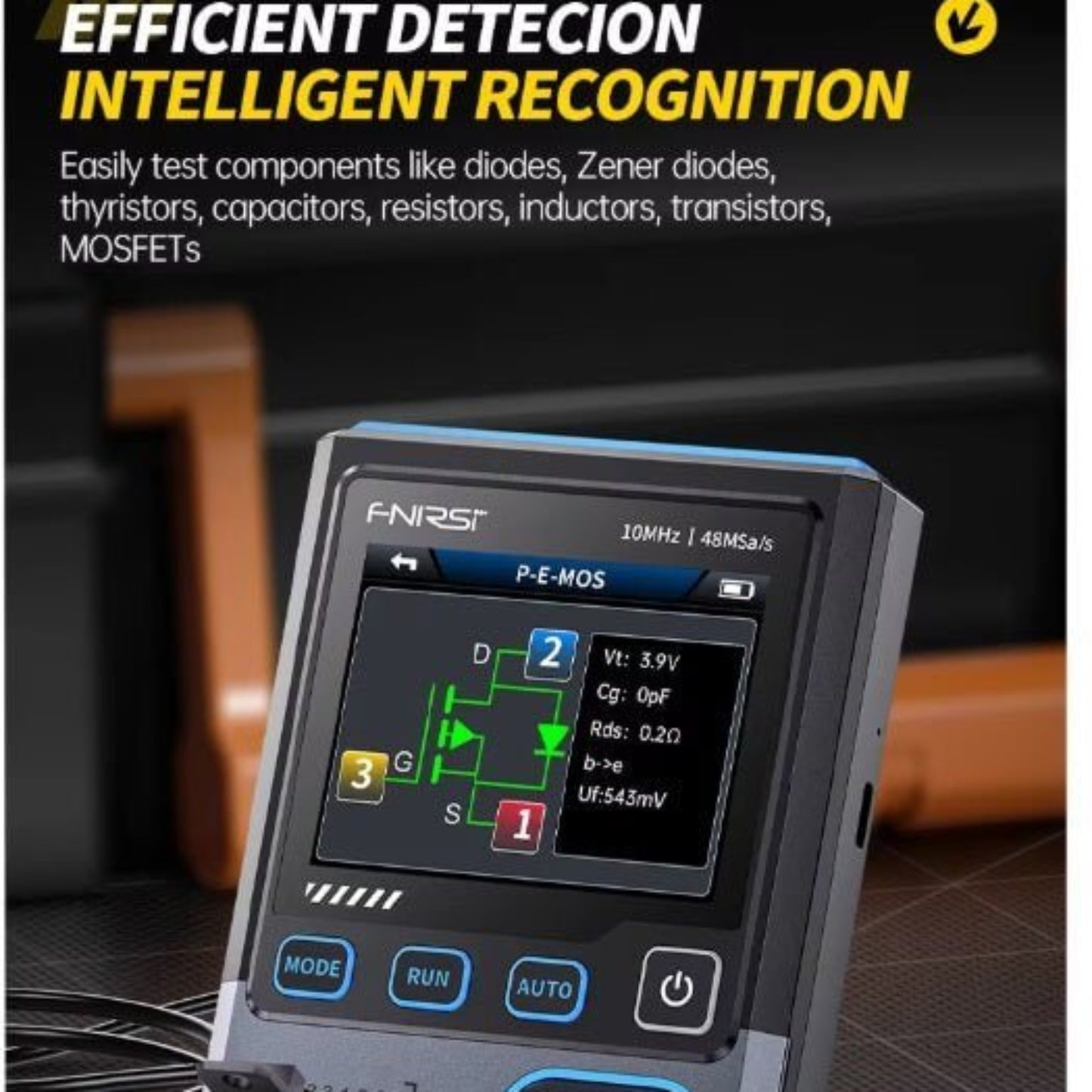 FNIRSI DSO-TC4 3-in-1 device displaying electronic component testing features on screen.