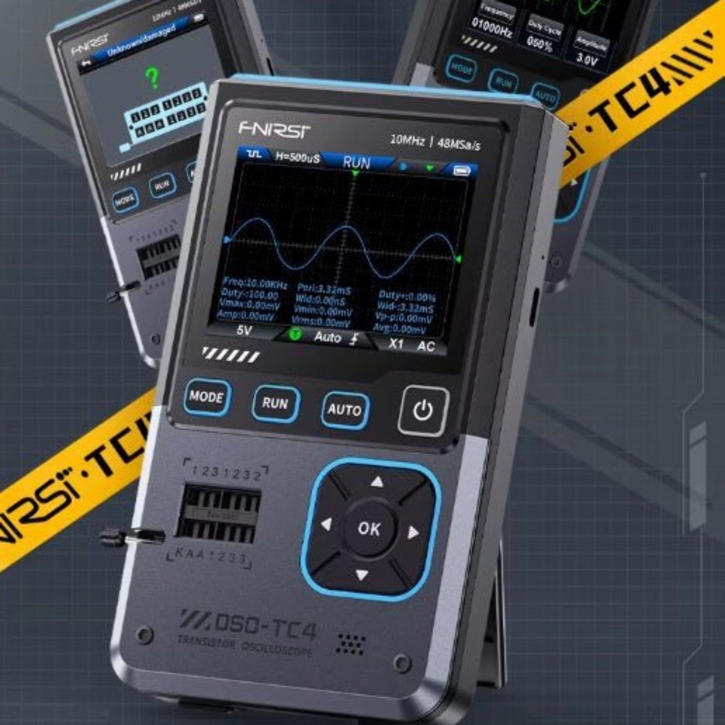 FNIRSI DSO-TC4 3-in-1 digital oscilloscope and transistor tester showcasing waveform display.