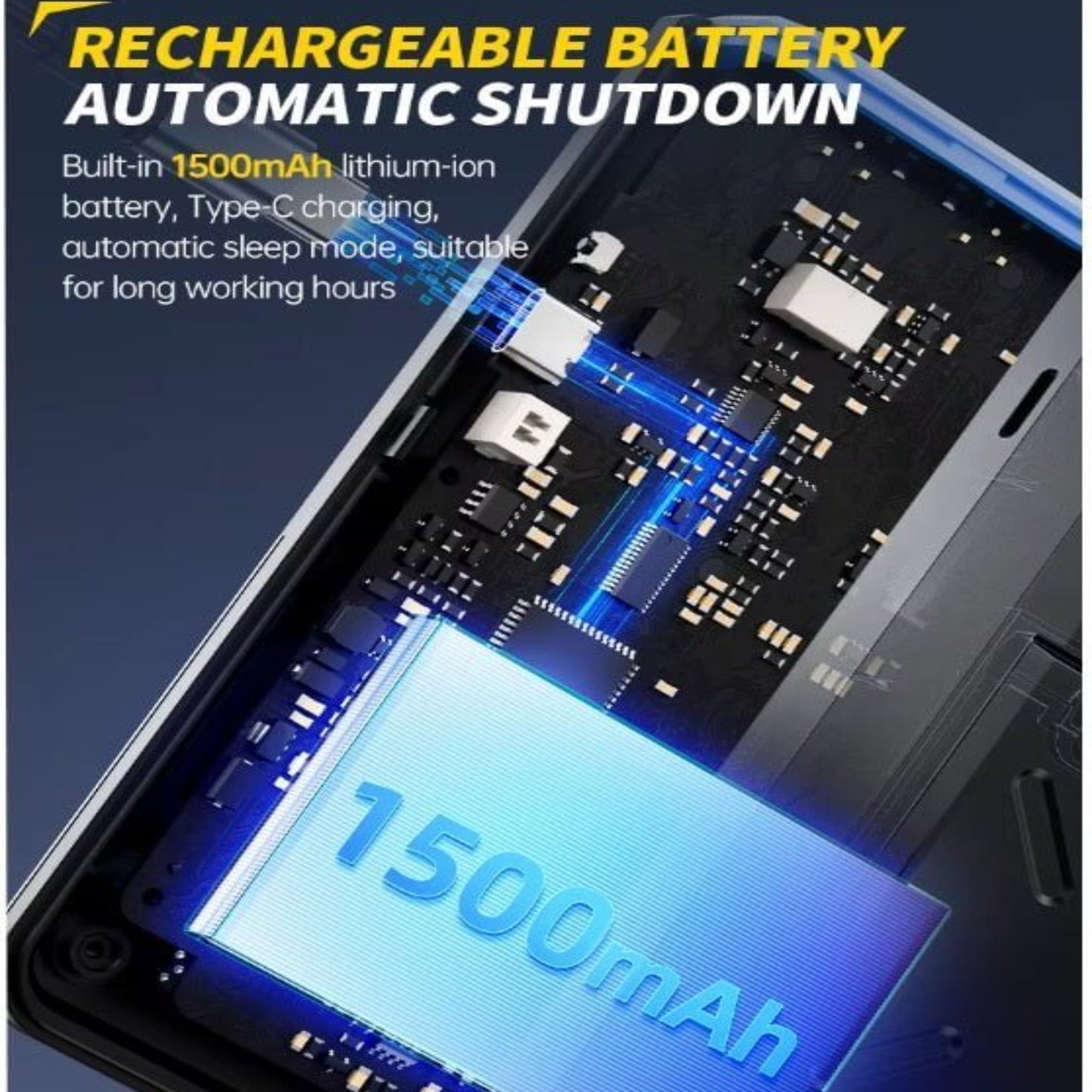 Rechargeable 1500mAh battery in FNIRSI DSO-TC4 with automatic shutdown feature for extended use.