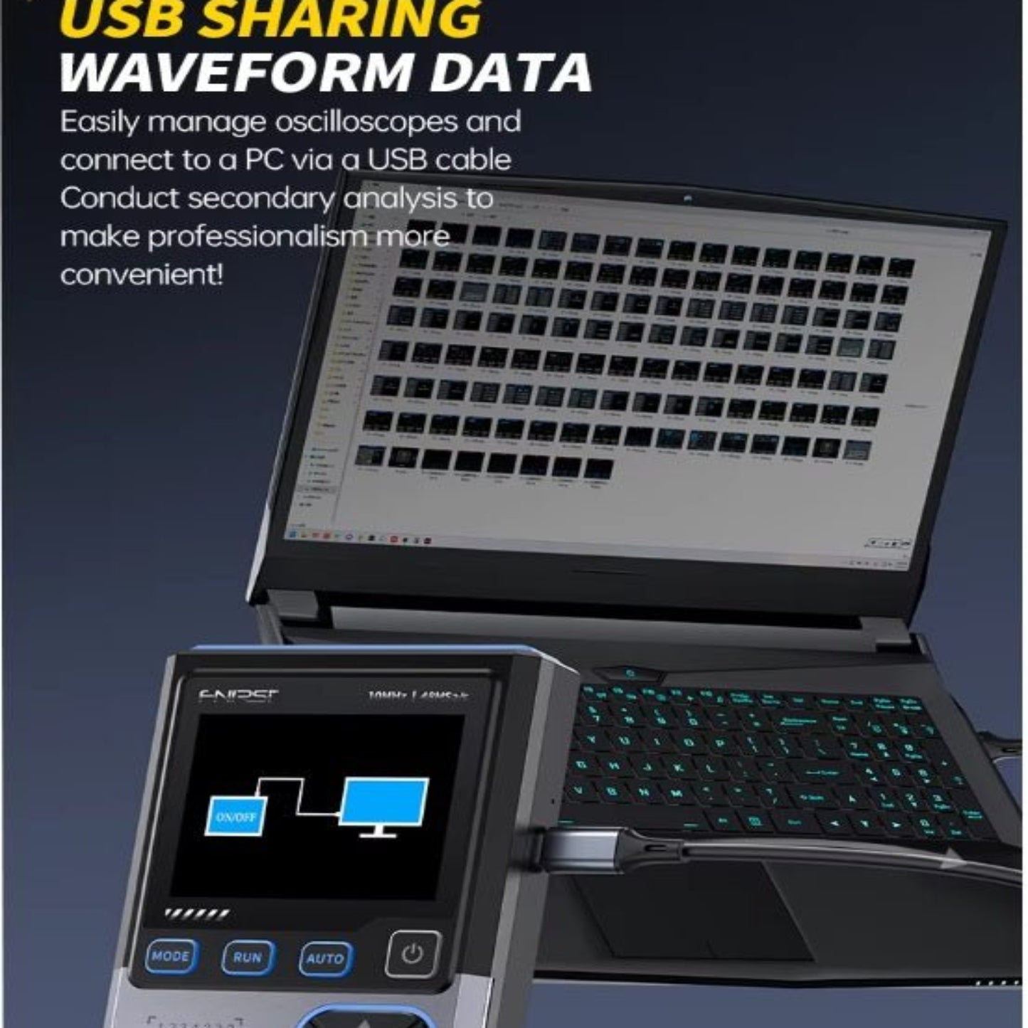 FNIRSI DSO-TC4 oscilloscope with USB connection to PC, showcasing data management features.