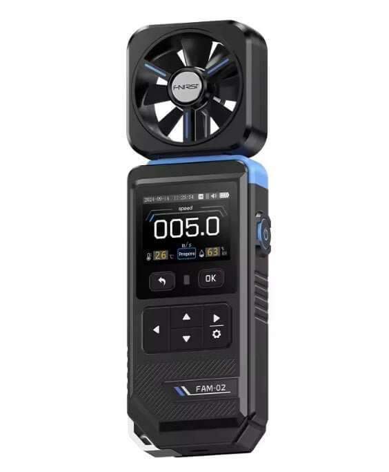 FNIRSI FAM-02 Professional 3-in-1 Anemometer for measuring wind speed, temperature, and humidity.