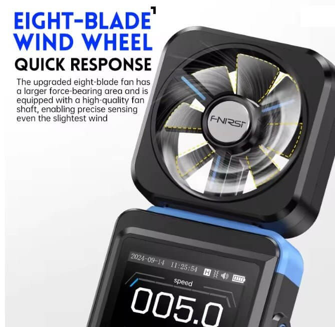 FNIRSI FAM-02 anemometer showcasing eight-blade wind wheel for quick response and precise wind sensing.
