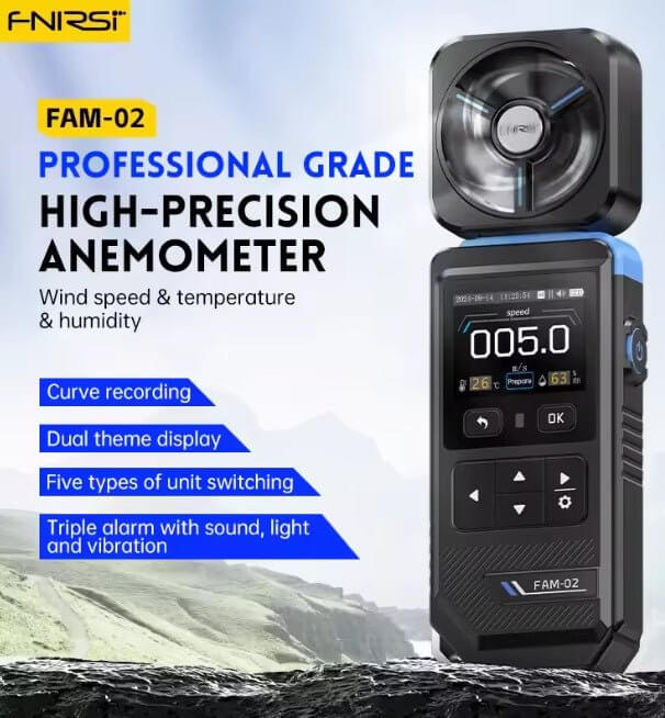 FNIRSI FAM-02 Professional 3-in-1 Anemometer for wind speed, temperature, and humidity monitoring.