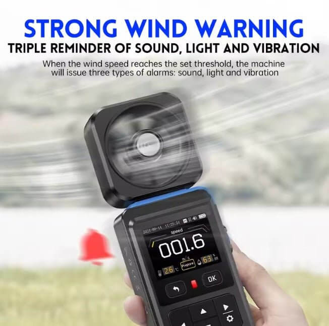 FNIRSI FAM-02 Anemometer displaying strong wind warning with triple alarm functions of sound, light, and vibration.