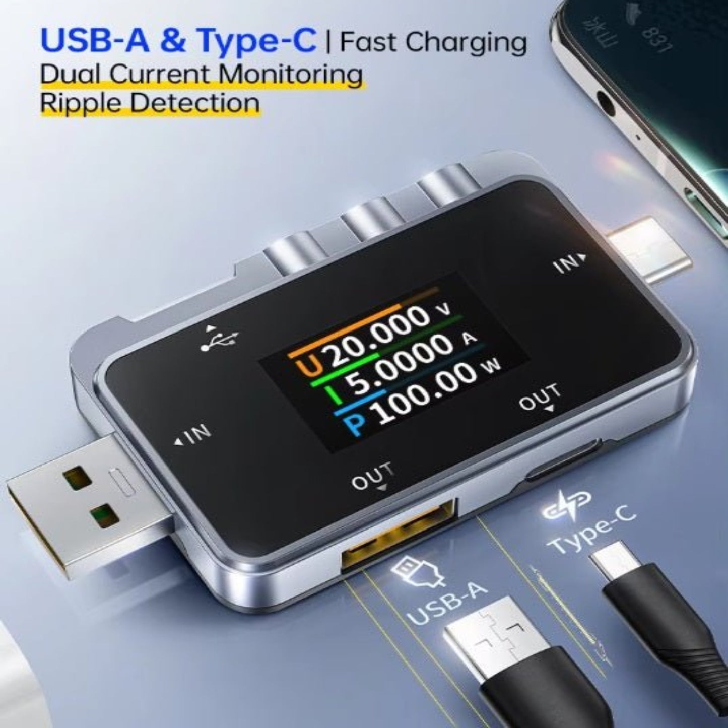 FNIRSI FNAC-28 multi-function USB tester showcasing dual USB-A and USB-C connections for fast charging and current monitoring.