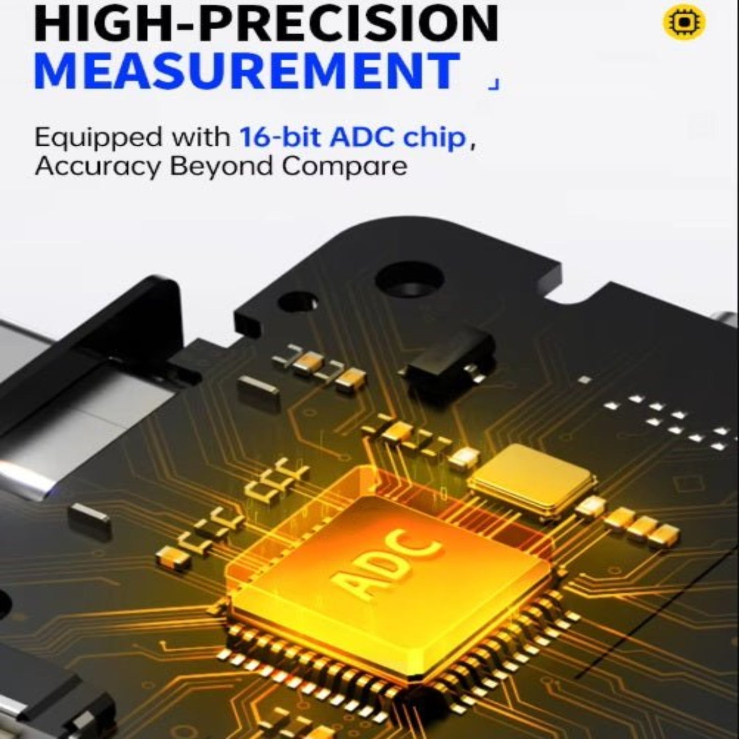 Close-up of a circuit board featuring a 16-bit ADC chip, showcasing high-precision measurement capabilities.