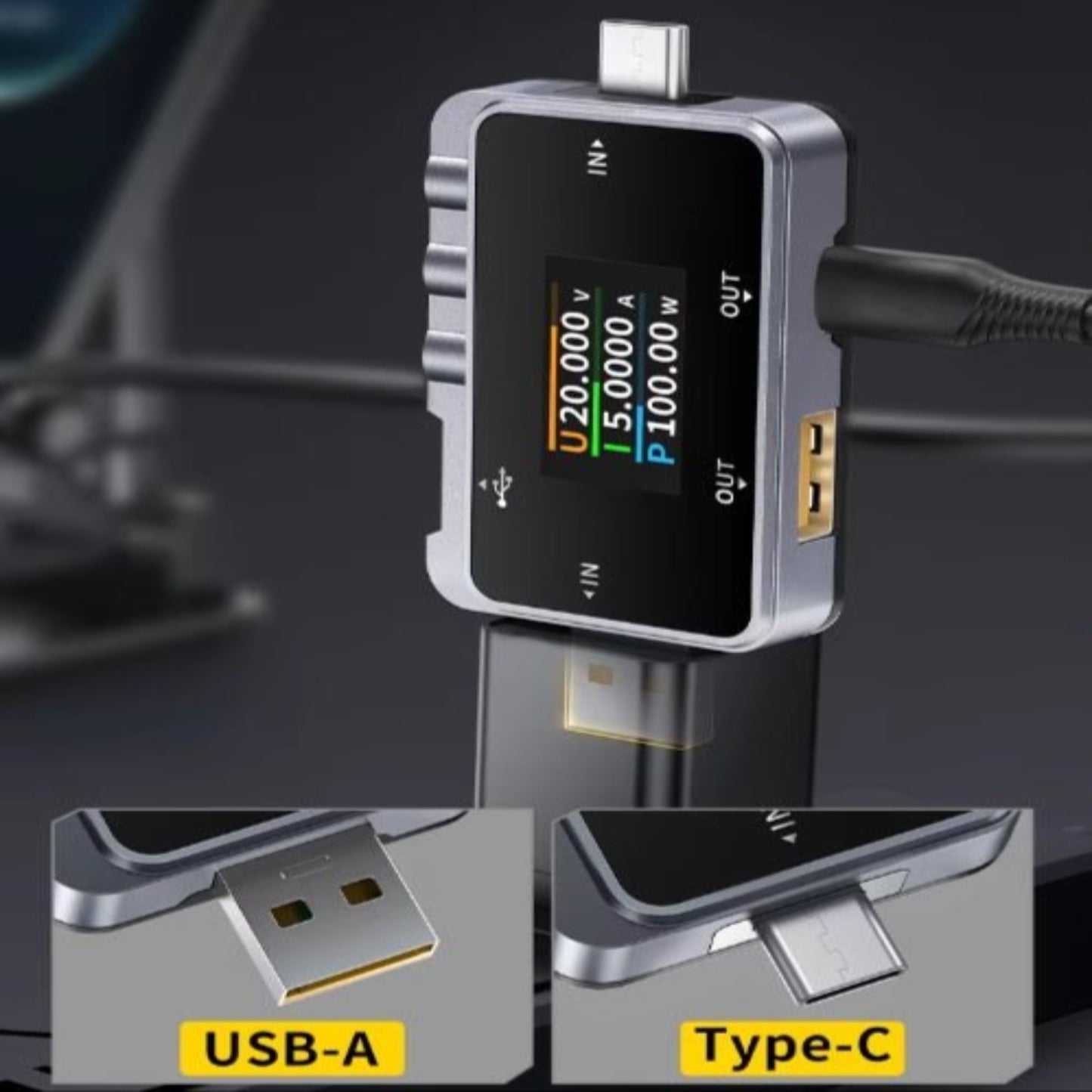 FNIRSI FNAC-28 USB power tester showing USB-A and Type-C connections for device compatibility.