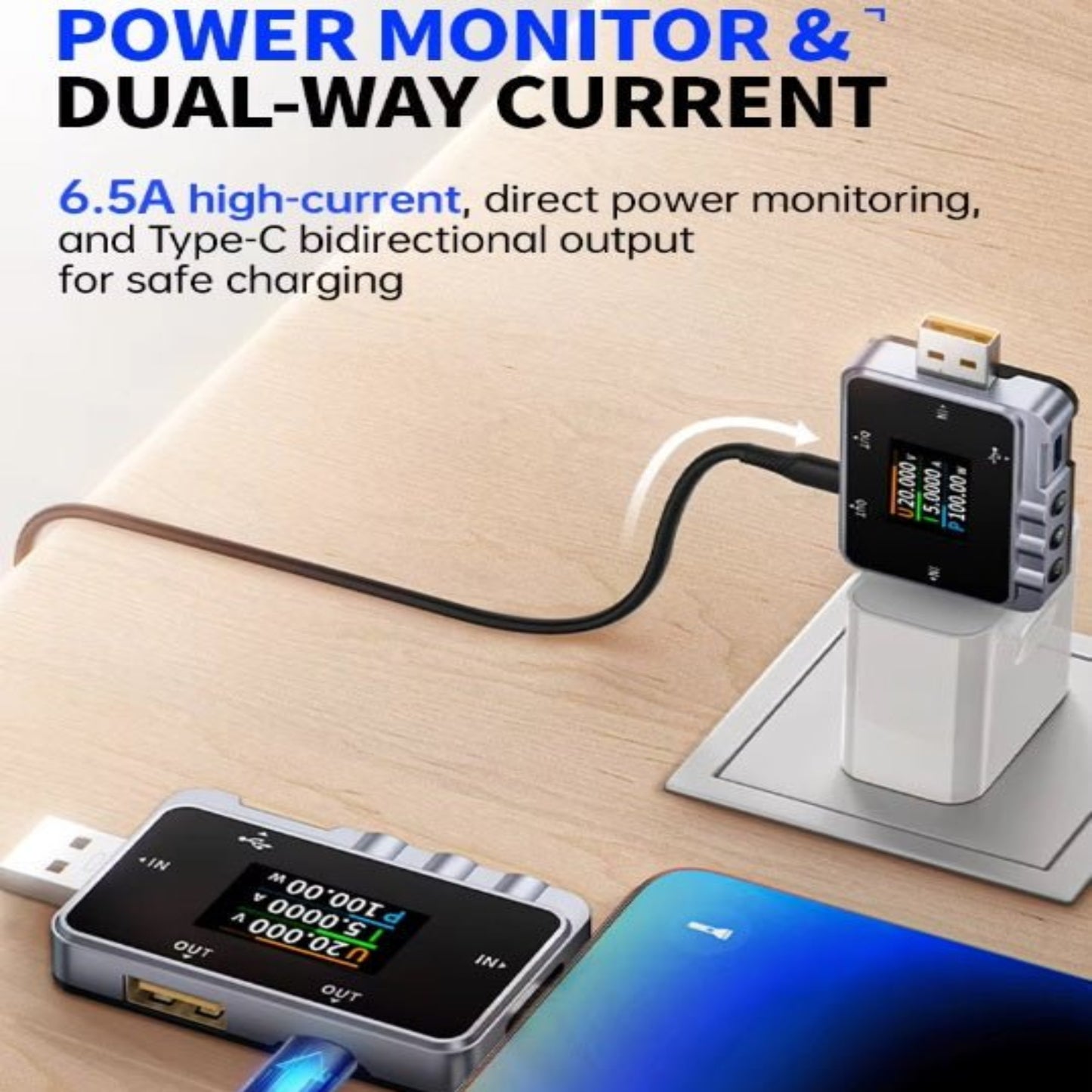 FNIRSI FNAC-28 USB tester displaying power monitoring and dual-way current, featuring high-current capacity and Type-C output.