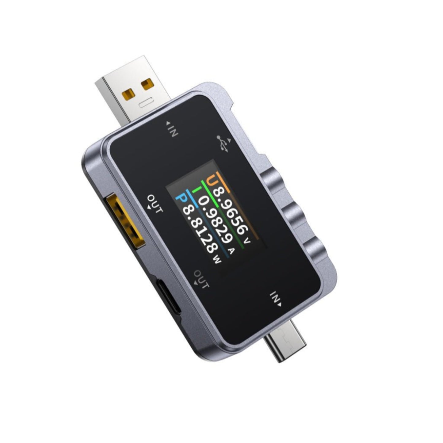 FNIRSI FNAC-28 Multi-Function USB Tester showing digital readouts for voltage, current, and power.