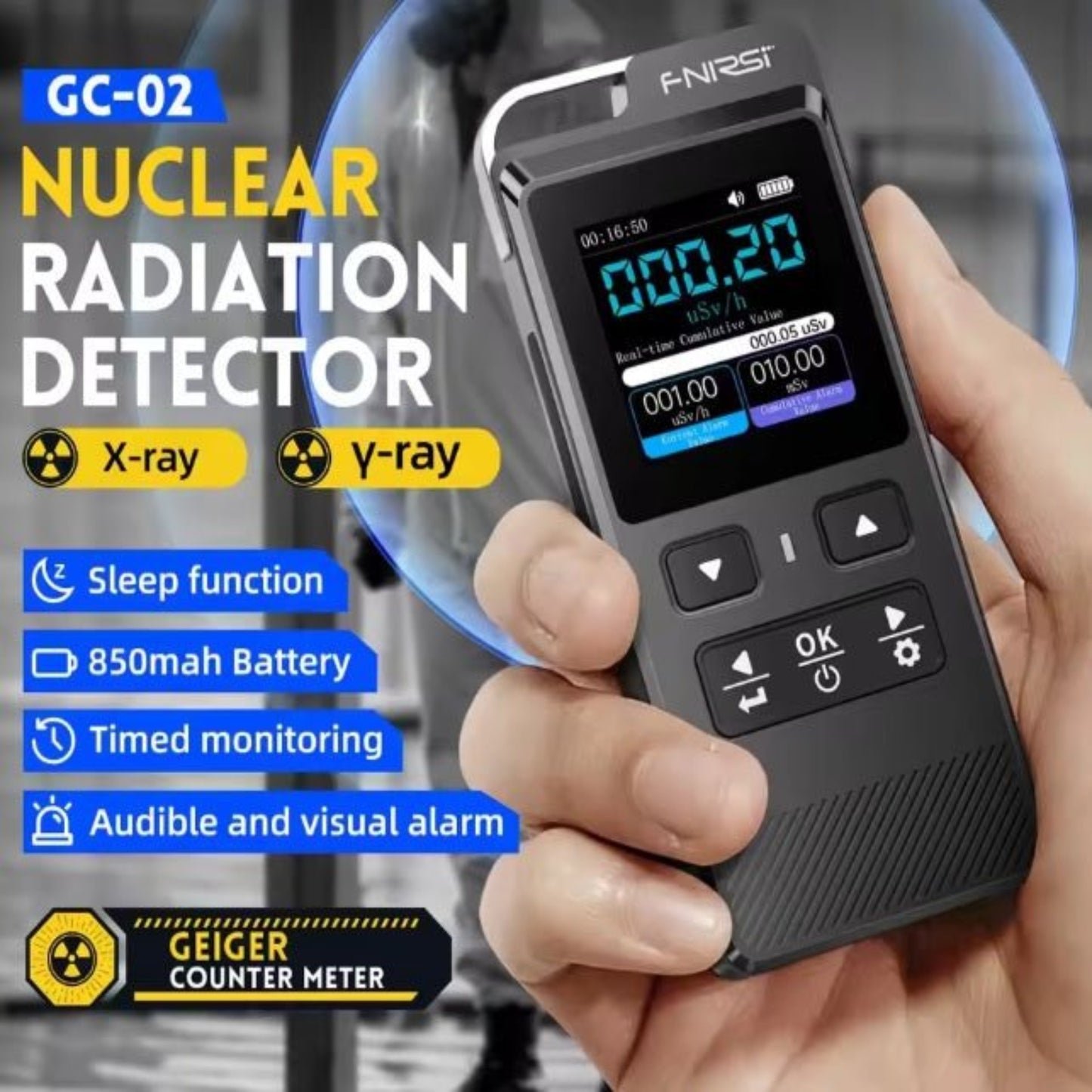 FNIRSI GC-02 portable nuclear radiation detector with display, buttons, and features for X-ray and Y-ray monitoring.