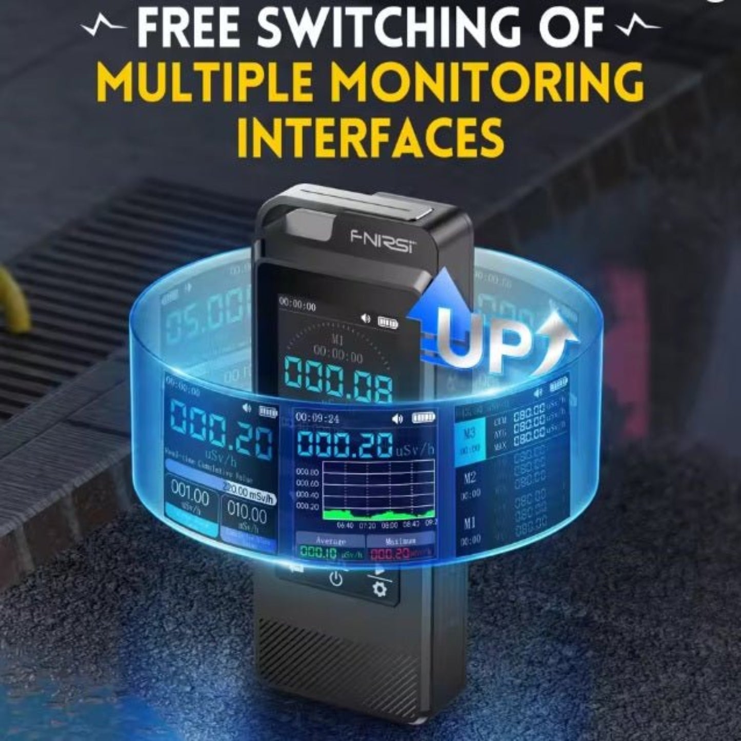 FNIRSI GC-02 Geiger Counter with multiple monitoring interfaces for radiation detection.