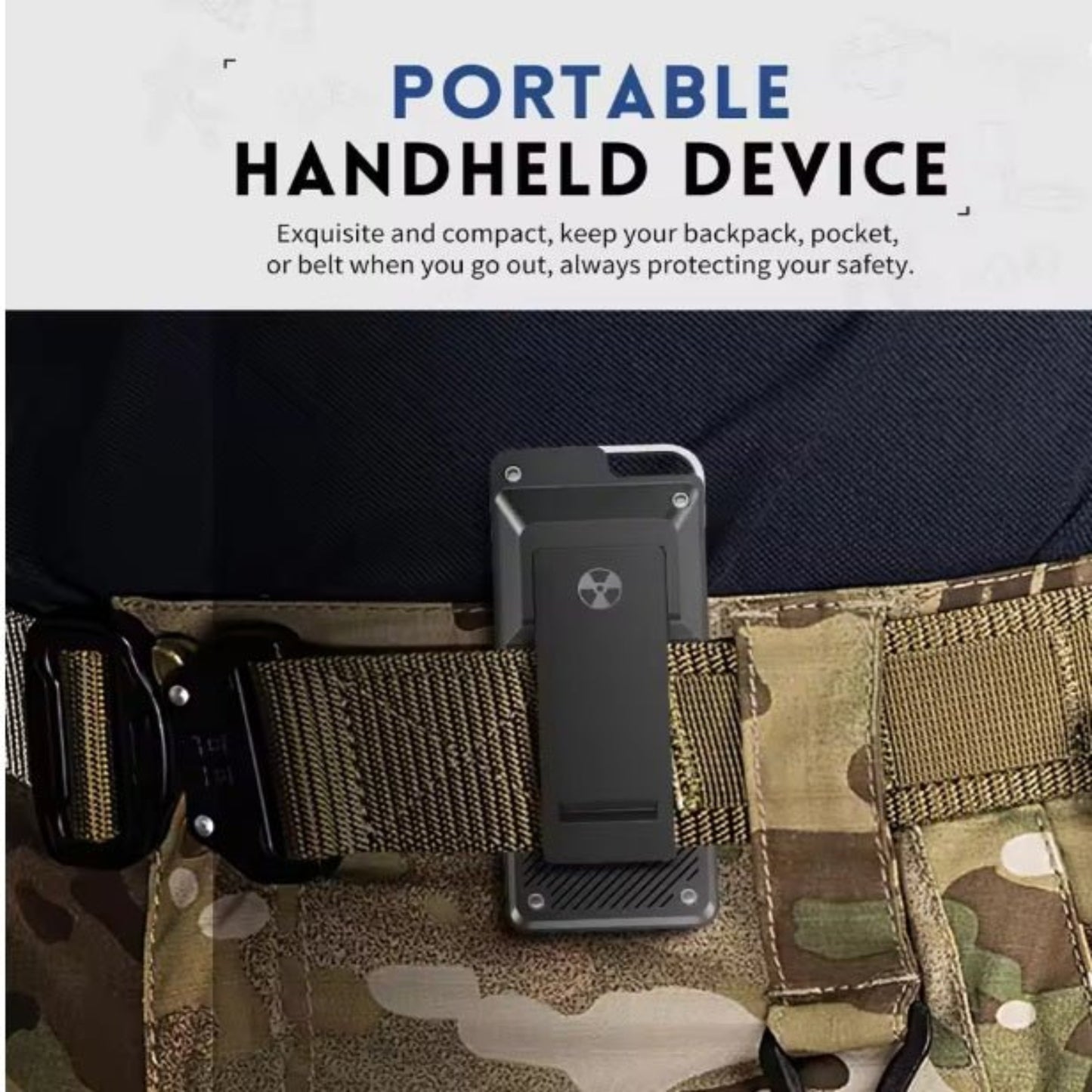 Portable FNIRSI GC-02 Geiger Counter securely attached to a belt for easy access and safety monitoring.