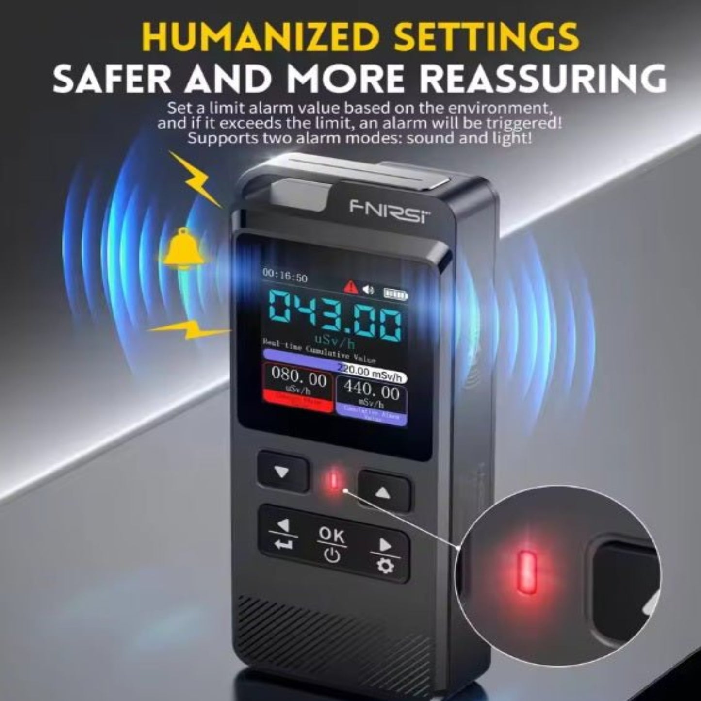 FNIRSI GC-02 Nuclear Radiation Detector with alarm features for real-time monitoring and safety.