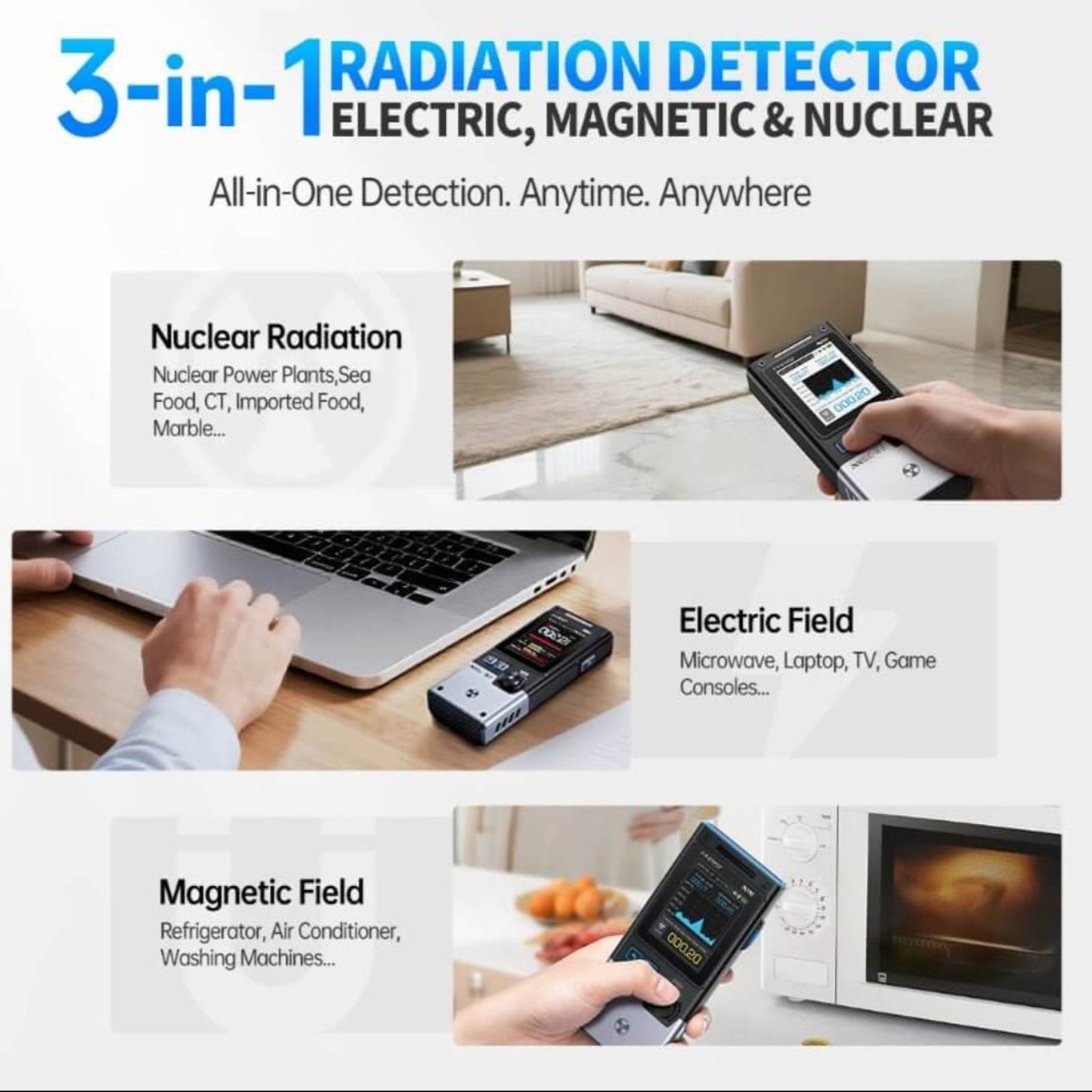 FNIRSI GC-03 3-in-1 radiation detector showcasing nuclear, electric, and magnetic field detection features.