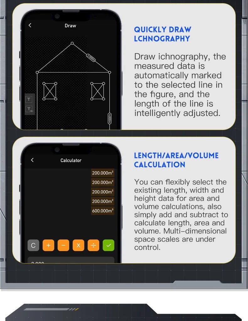 Screenshot of FNIRSI IR40 app featuring drawing and calculator tools for area and volume measurement.