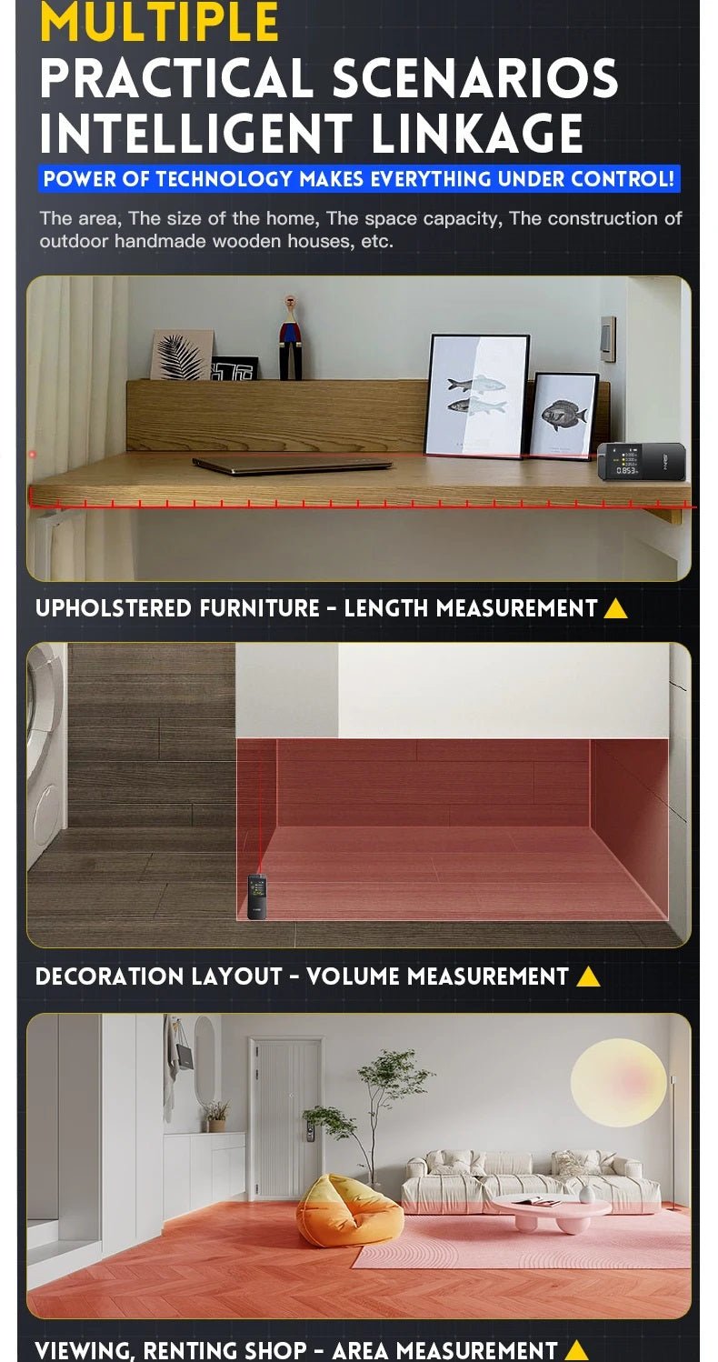 Illustration showing measurement applications for furniture length, decoration volume, and shop area using laser rangefinder.