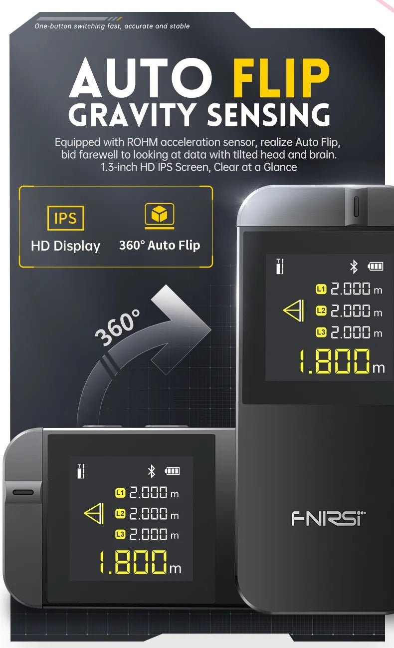 FNIRSI IR40 Smart Laser Rangefinder showcasing auto flip and gravity sensing features with IPS HD display.