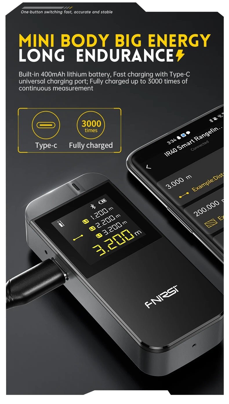 FNIRSI IR40 rangefinder with Type-C charging, displaying measurements and battery status for efficient use.