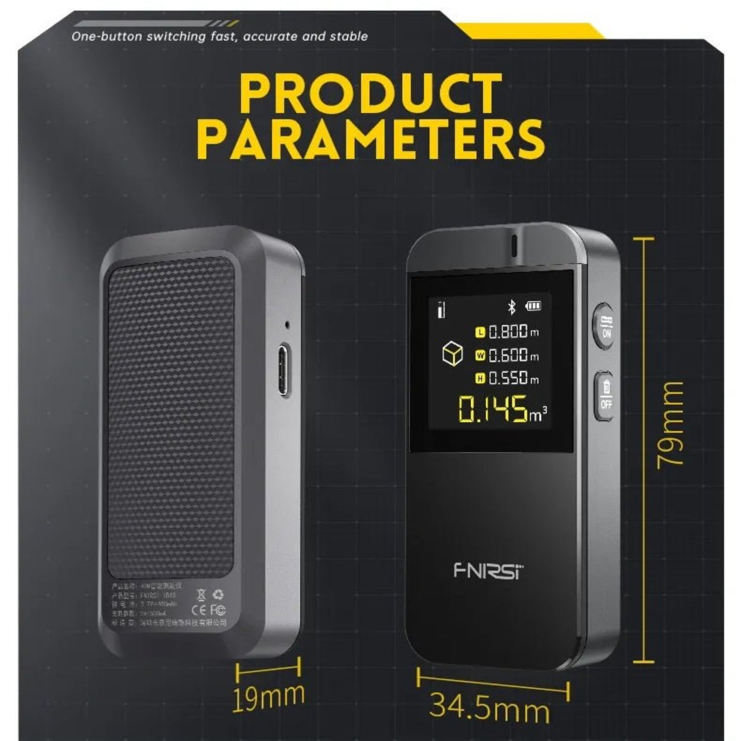 FNIRSI IR40 Smart Laser Rangefinder showing product parameters with measurements and display features.