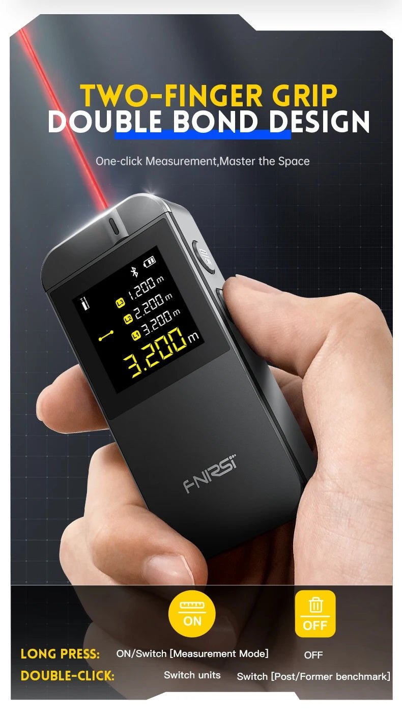 FNIRSI IR40 Smart Laser Rangefinder with two-finger grip design, displaying measurement modes on an intuitive screen.
