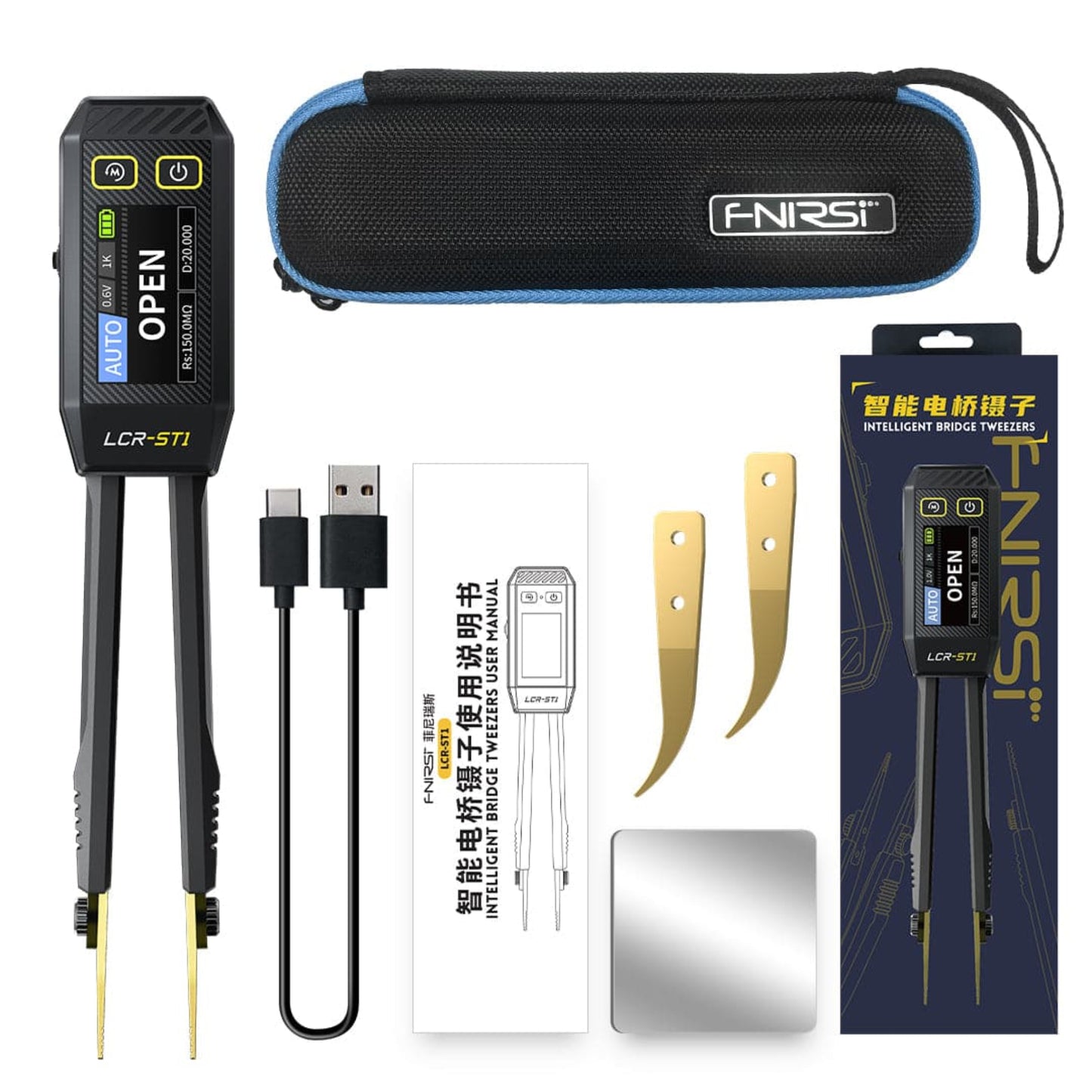 FNIRSI LCR-ST1 Smart Mini Tweezer kit with USB cable, manual, and accessories for precise electronics testing.