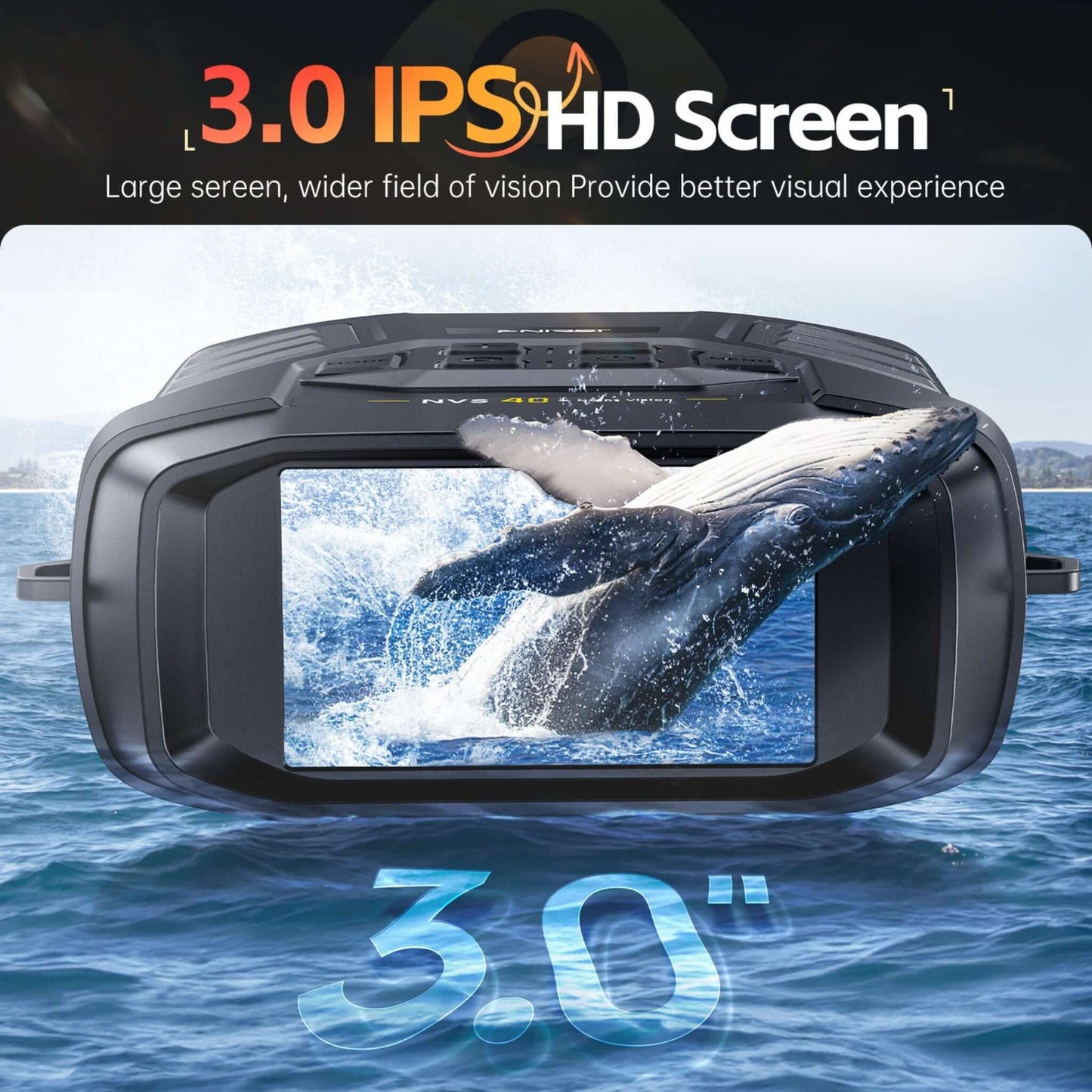 3.0 IPS HD screen showcasing a whale in water, highlighting the binocular's large display for better viewing experience.