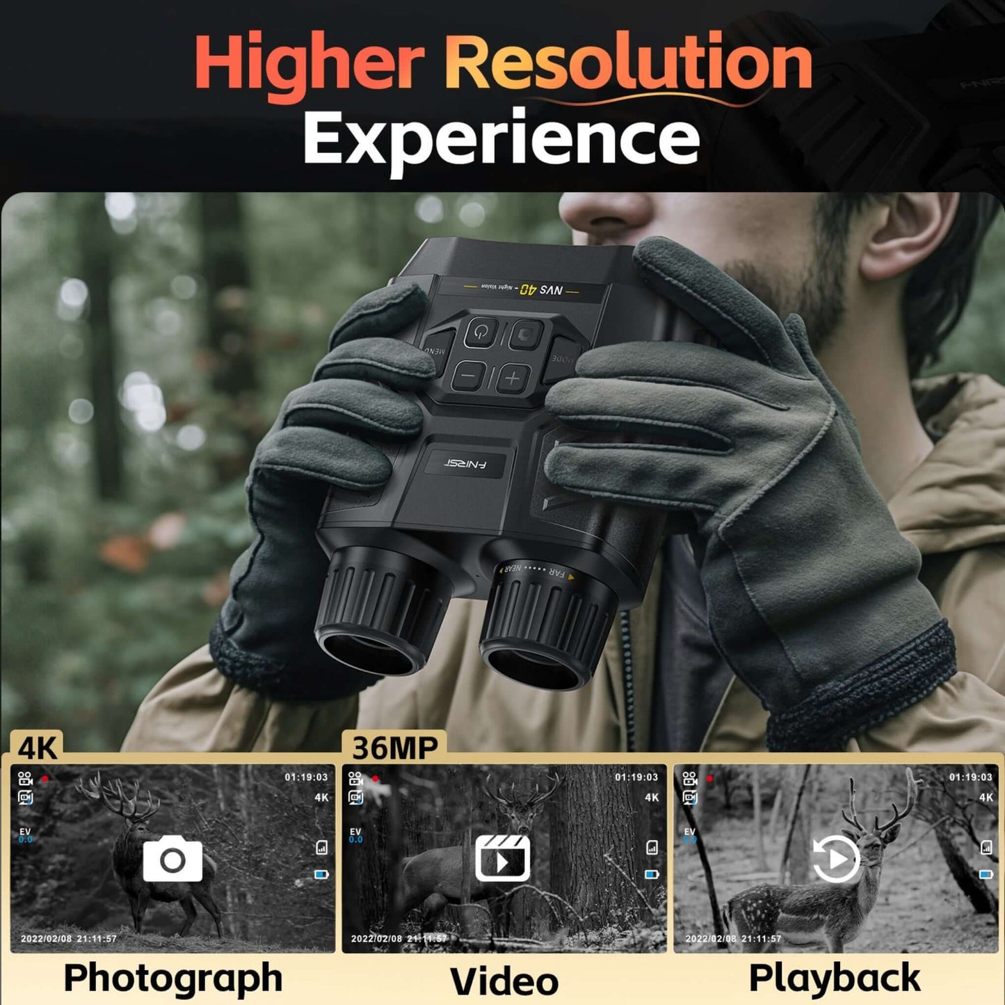 FNIRSI NVS-40 4K Digital Night Vision Binoculars showcasing features: 4K resolution, 36MP photos, video playback options.