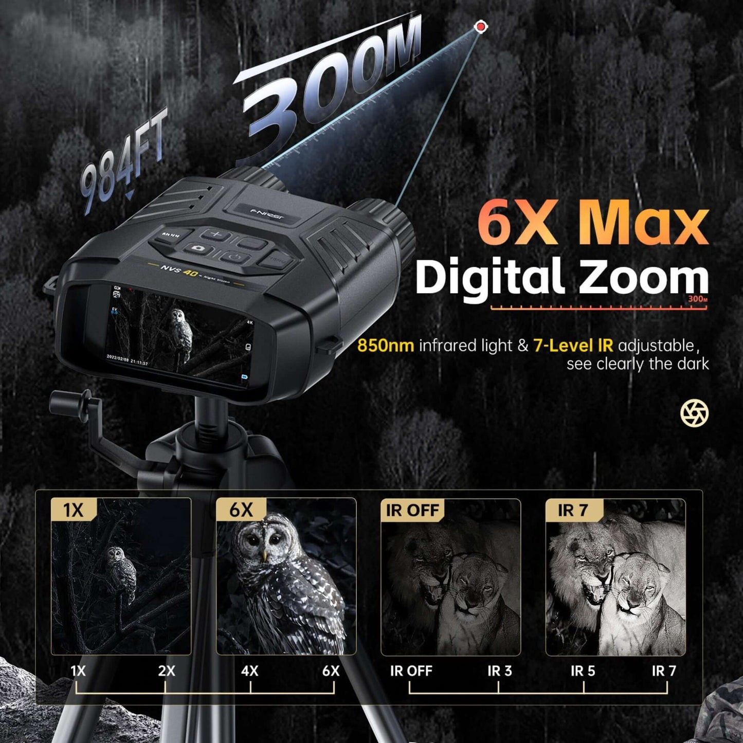 FNIRSI NVS-40 binoculars showcasing 6X max digital zoom and 850nm infrared light for clear night vision.