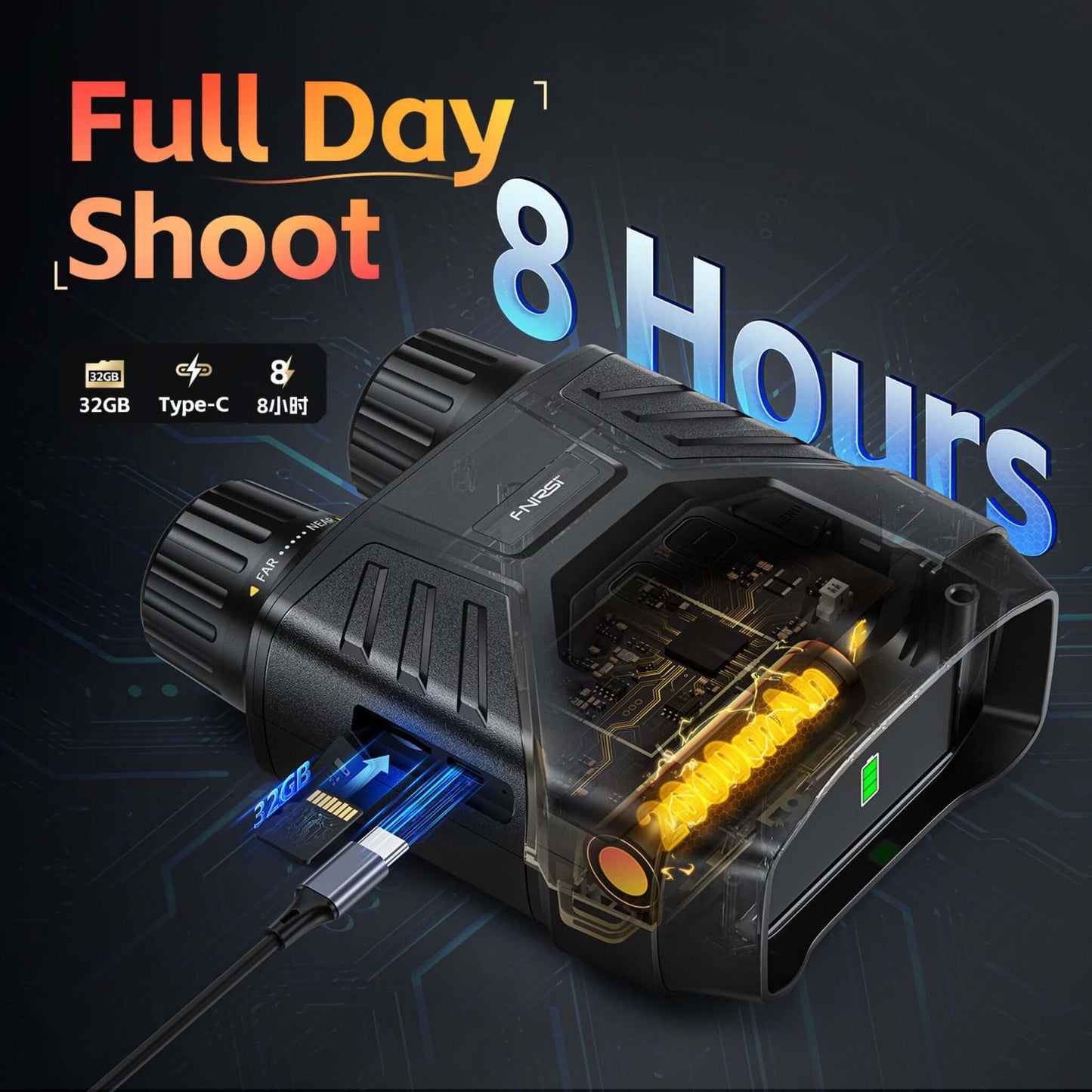 FNIRSI NVS-40 4K Digital Night Vision Binoculars features 32GB storage and 8 hours of shooting capability.