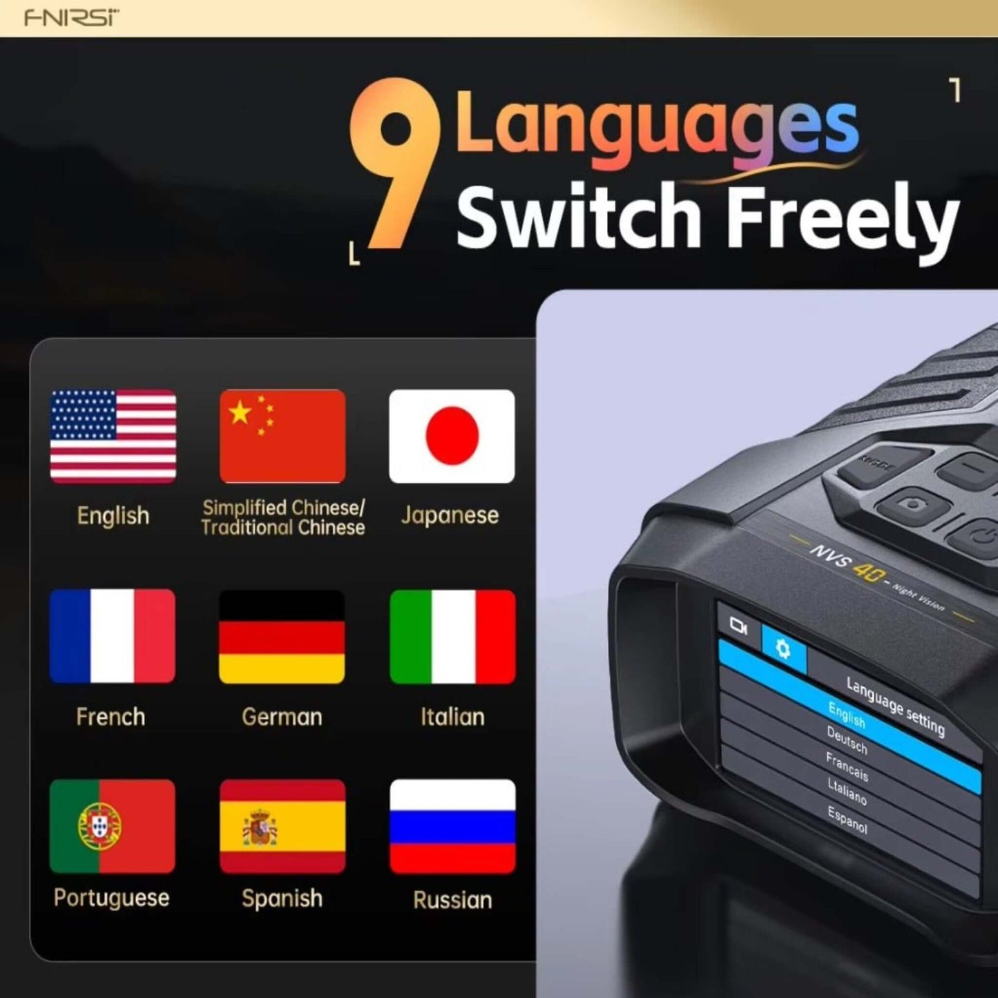 FNIRSI NVS-40 showing 9 language options for user interface, including English and Spanish.