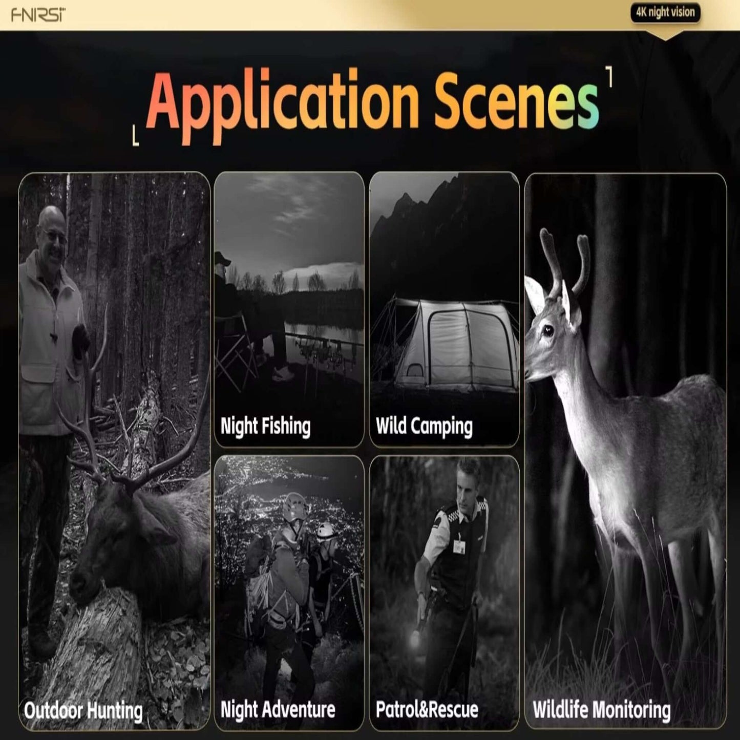Collage of application scenes for FNIRSI NVS-40 night vision binoculars: outdoor hunting, night fishing, camping, wildlife monitoring.