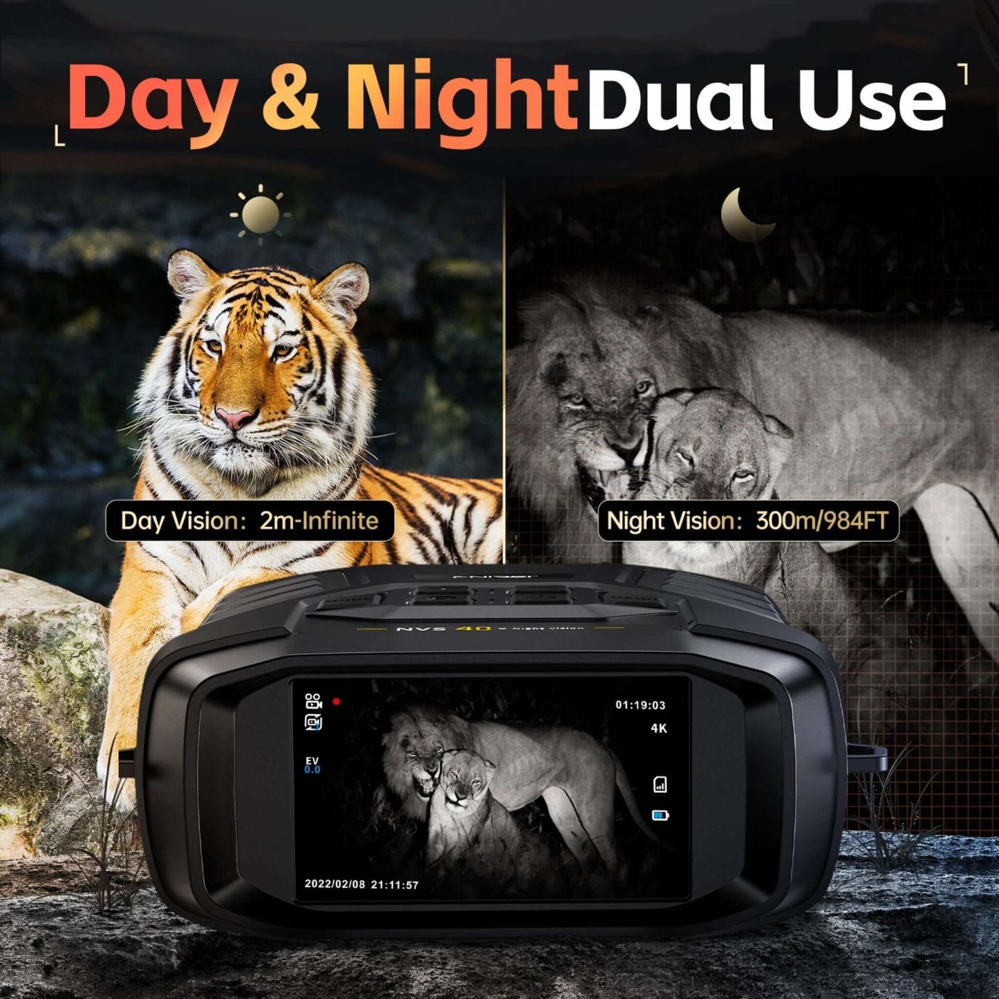FNIRSI NVS-40 binoculars showcasing day and night vision features, capturing wildlife in low-light conditions.