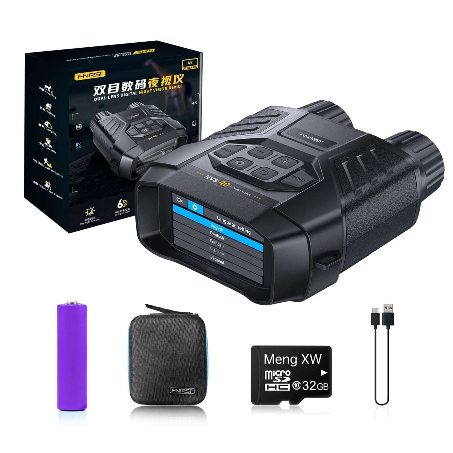 FNIRSI NVS-40 4K Digital Night Vision Binoculars with accessories including battery, case, and memory card.