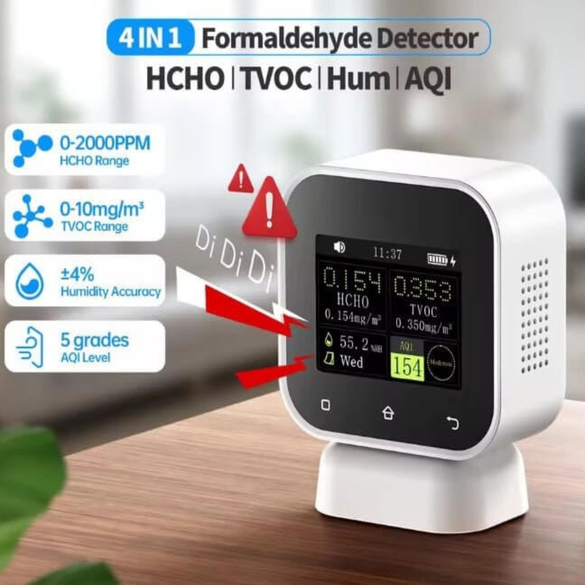 FNIRSI SFD-02 4-in-1 Air Quality Monitor displaying HCHO, TVOC, Humidity, and AQI levels for cleaner air.