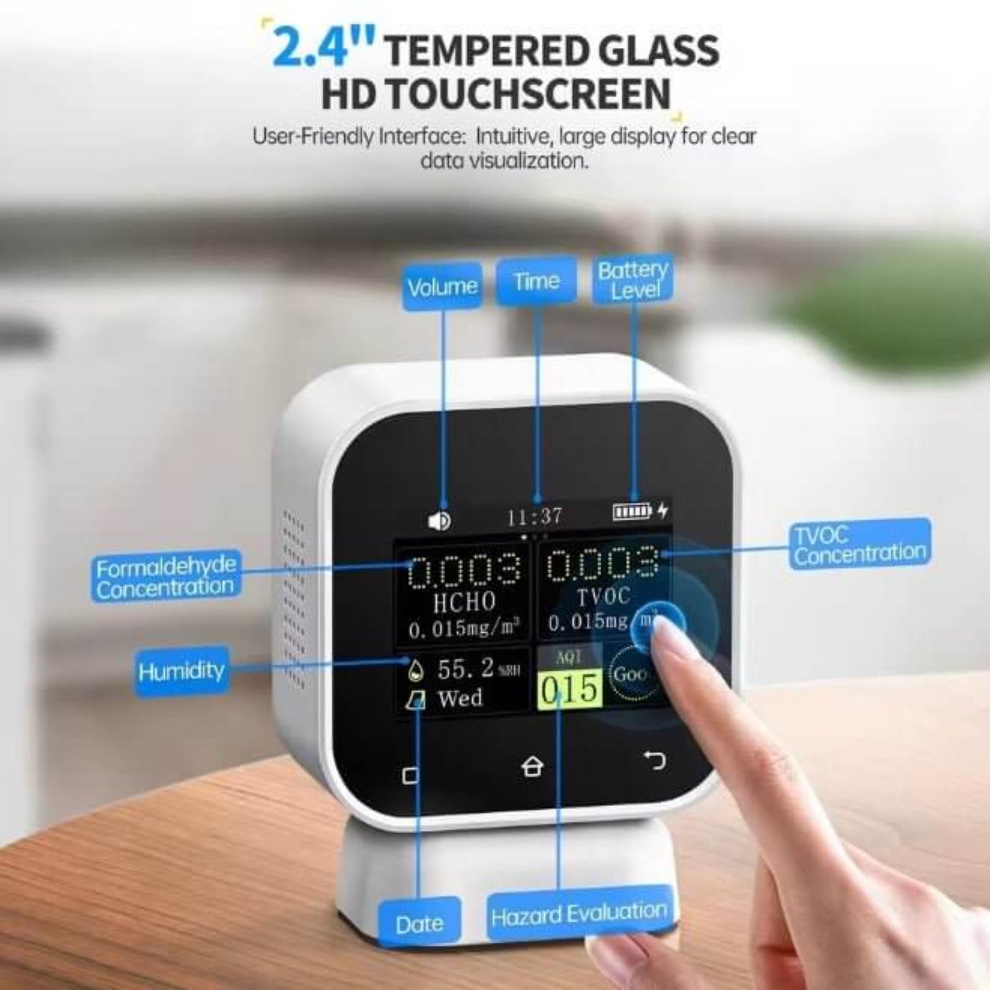 FNIRSI SFD-02 4-in-1 Air Quality Monitor with HD touchscreen displaying air quality metrics and user interface.
