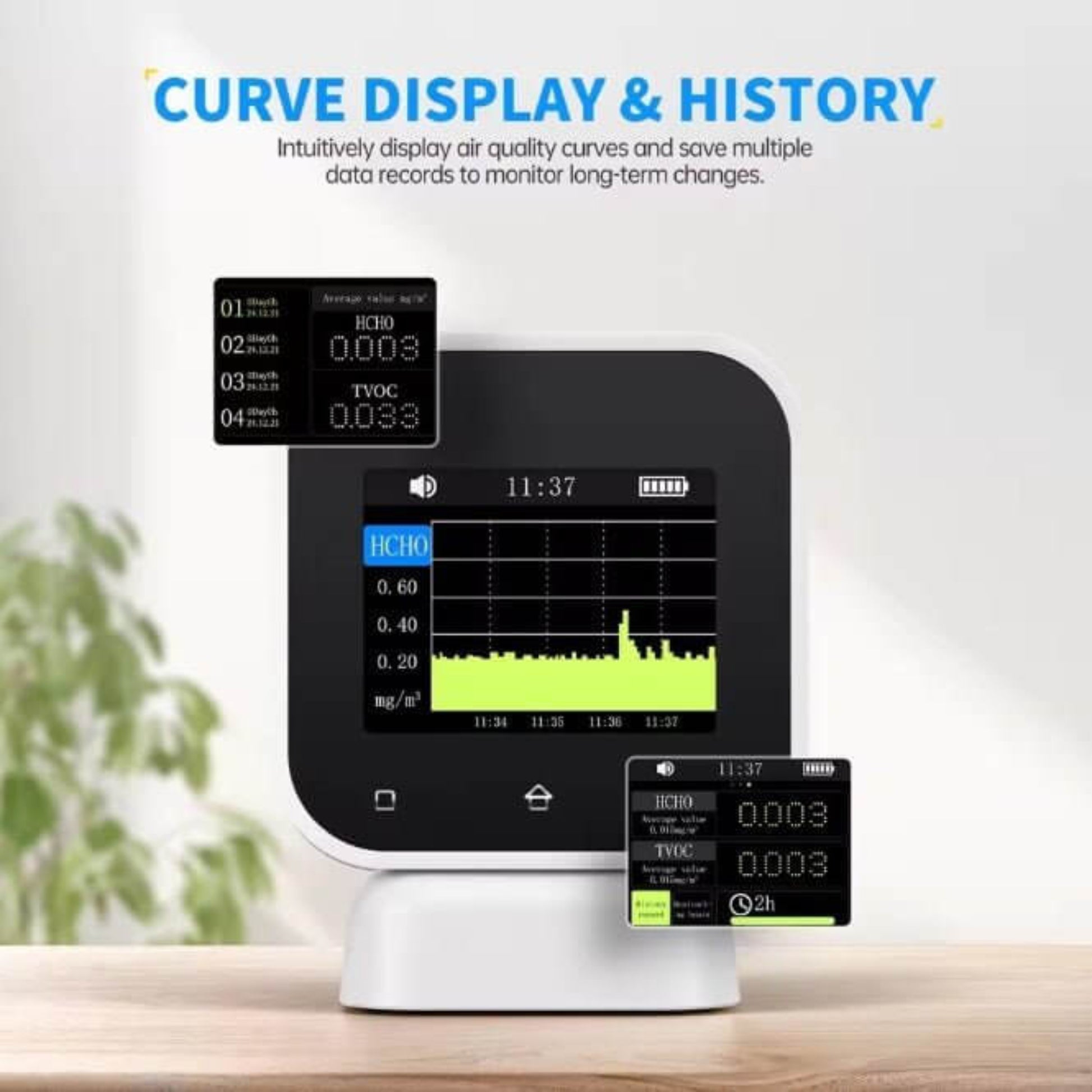 FNIRSI SFD-02 4-in-1 Air Quality Monitor displaying real-time air quality data and historical trends.