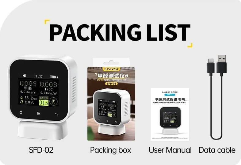 FNIRSI SFD-02 air quality monitor with packing list, including user manual and data cable.