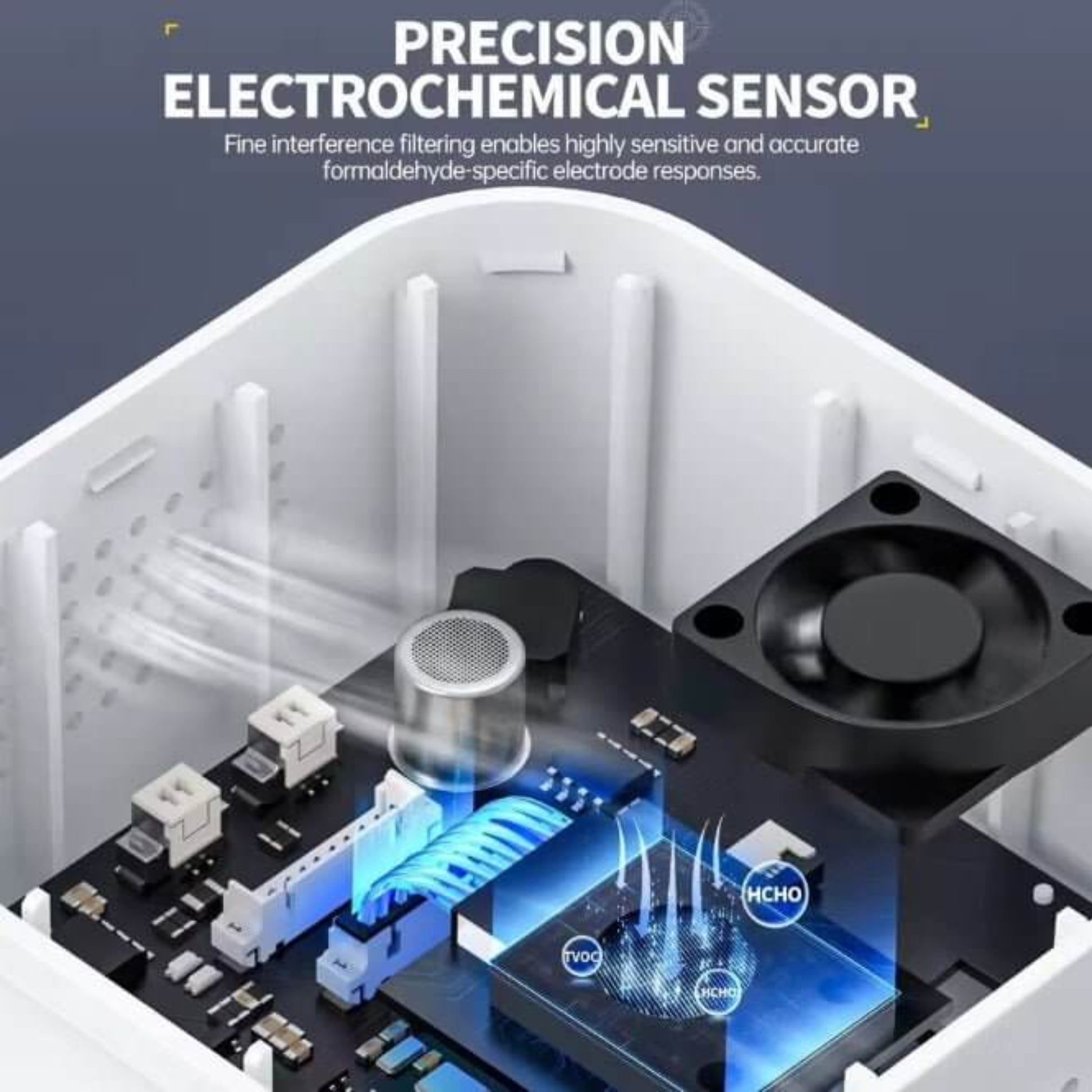 Close-up of FNIRSI SFD-02 air quality monitor's precision electrochemical sensor and circuit board.