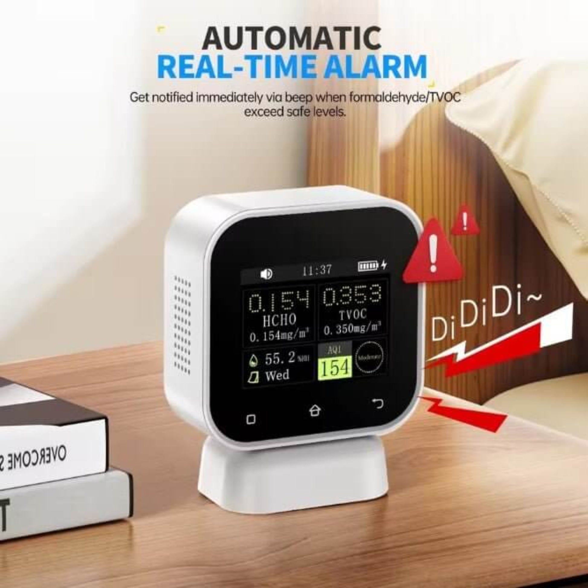 FNIRSI SFD-02 4-in-1 Air Quality Monitor with real-time alarm for HCHO and TVOC detection.