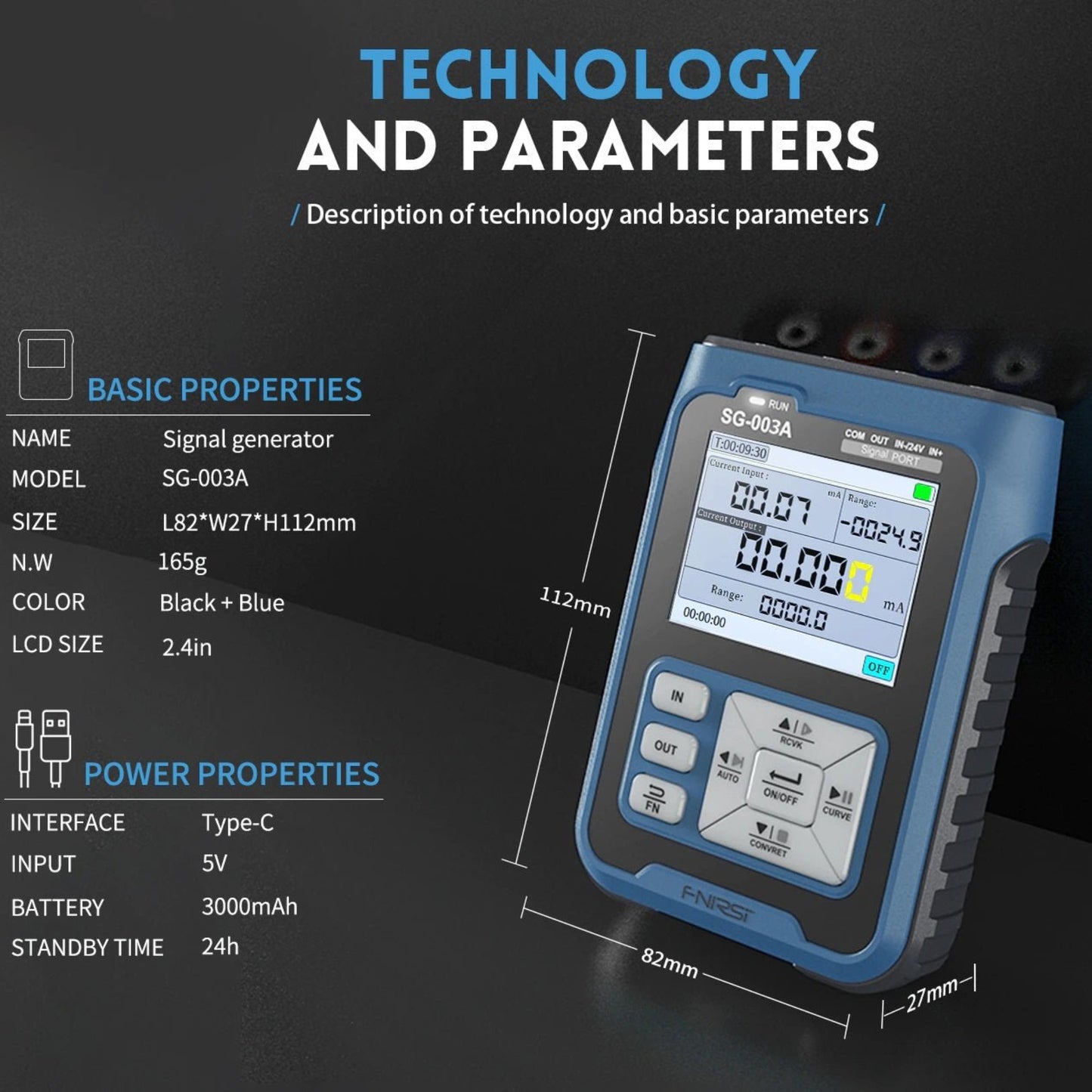 FNIRSI SG-003A signal generator technical specifications including size, interface, and battery details.